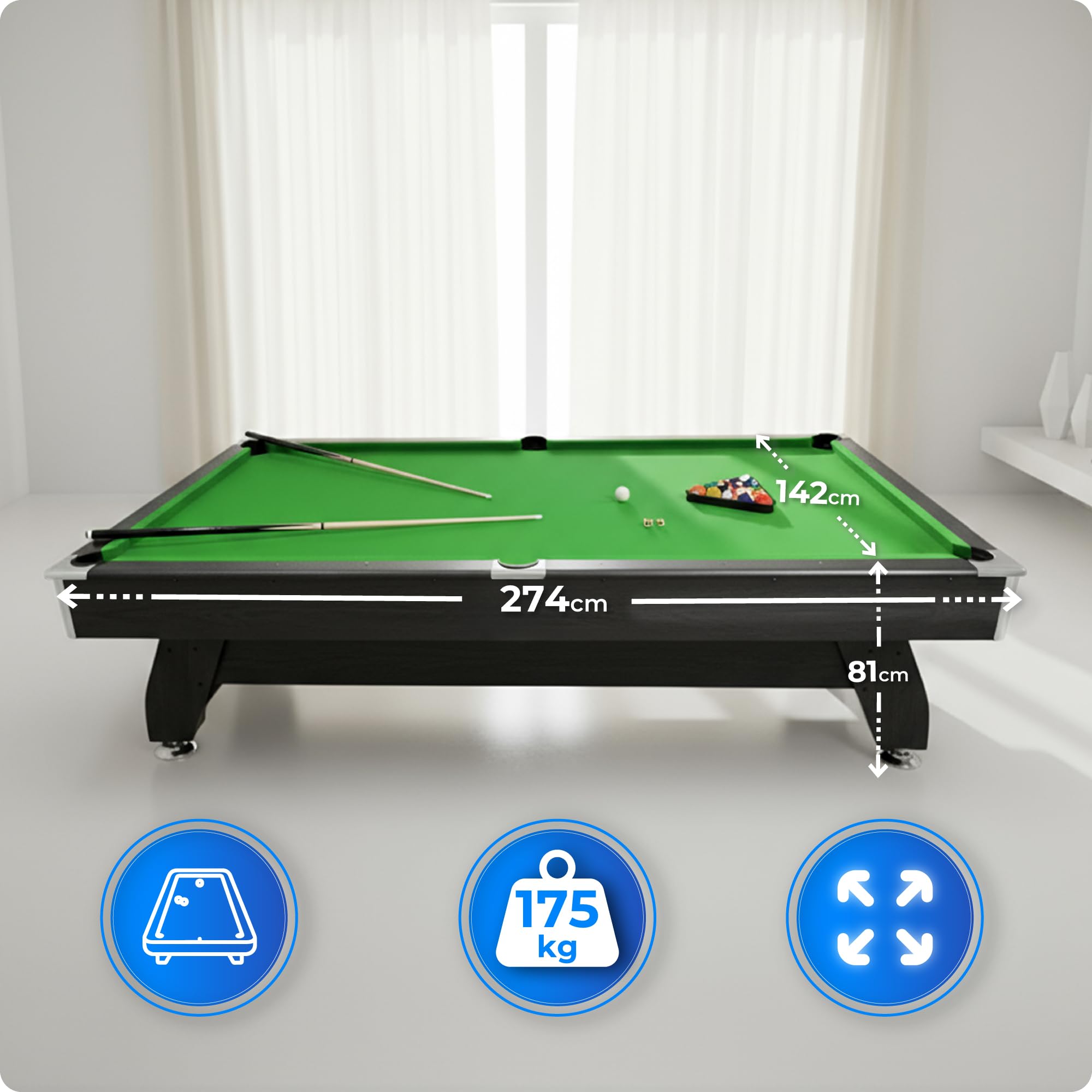 Billardtisch 7ft/8ft/9ft Schwarz oder Braun, MDF Poolbillardtisch mit Kugelrücklauf und Zubehör, optional mit Tischtennis- und Airhockey-Auflage