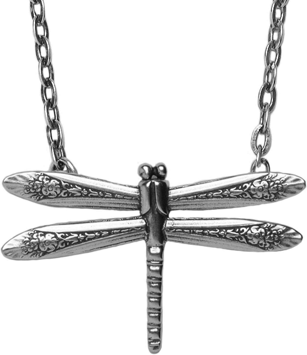 Silver Spoon Jewelry Dragonfly Pendant Necklace for Women, Vintage Antique Style Necklace, Sterling Silver, 30" Chain