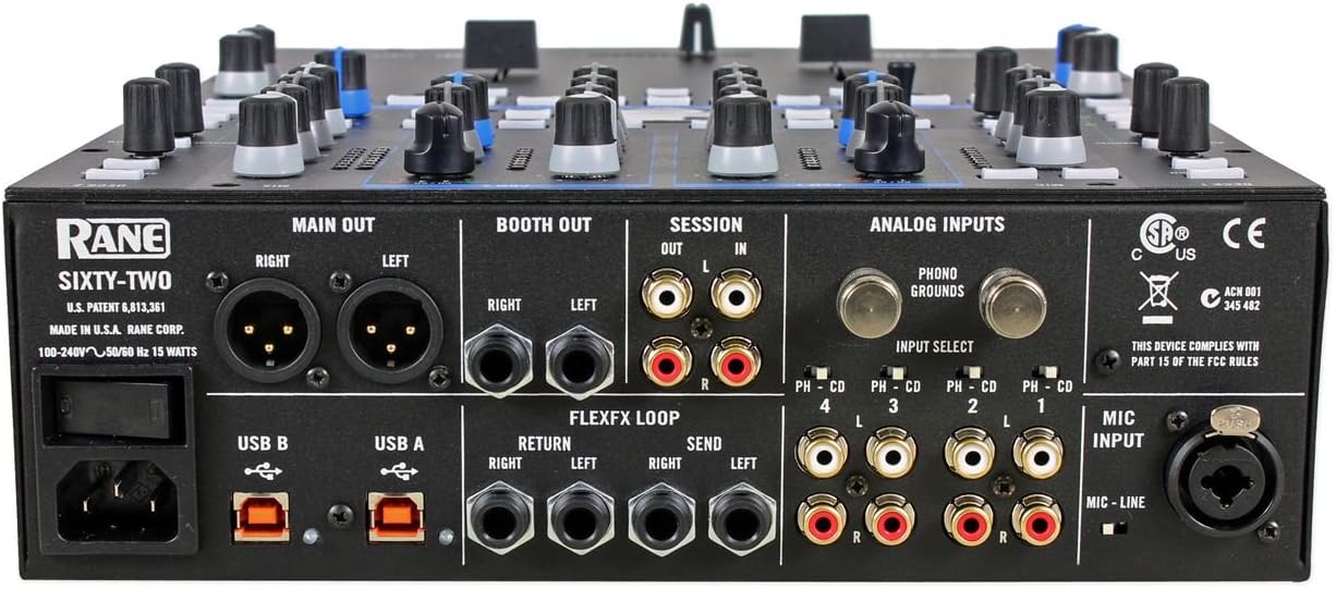 Rear panel of the Rane Sixty-Two DJ Mixer showing all input and output connections