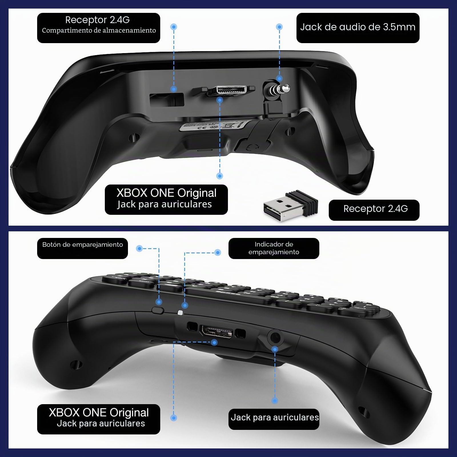 MoKo Teclado Inalámbrico con Retroiluminación Verde para Controlador Xbox One/Series X/S, Teclado de Chat con Receptor de 2,4 G/Auriculares/Conector de Audio para Xbox-One/One S/Elite/2, Carbón Negro