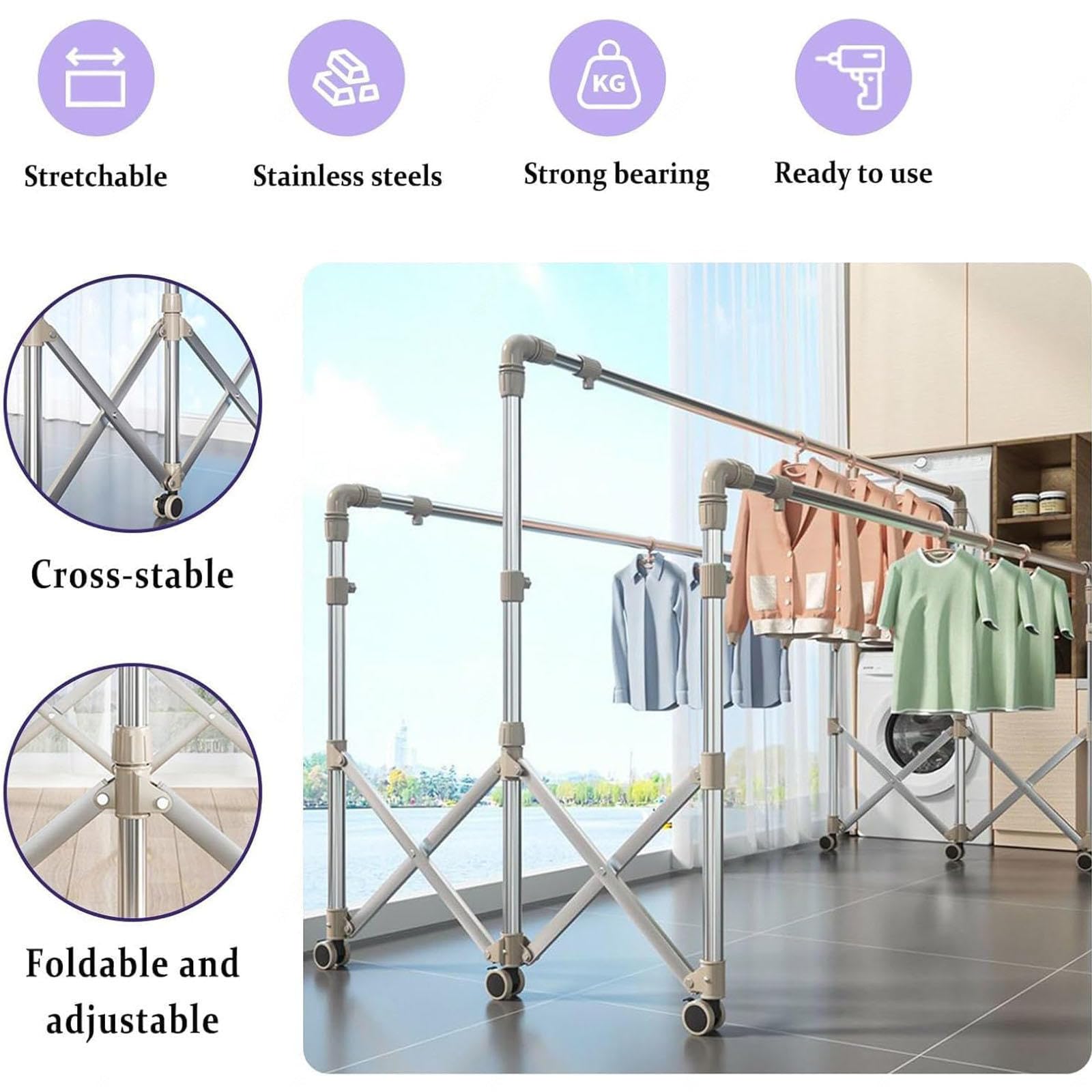 Stendino da Esterno Pieghevoli, Allungabile Stendibiancheria Lenzuola con Clip per Calzini, Stendi Biancheria per Interno Ed Esterno,220cm