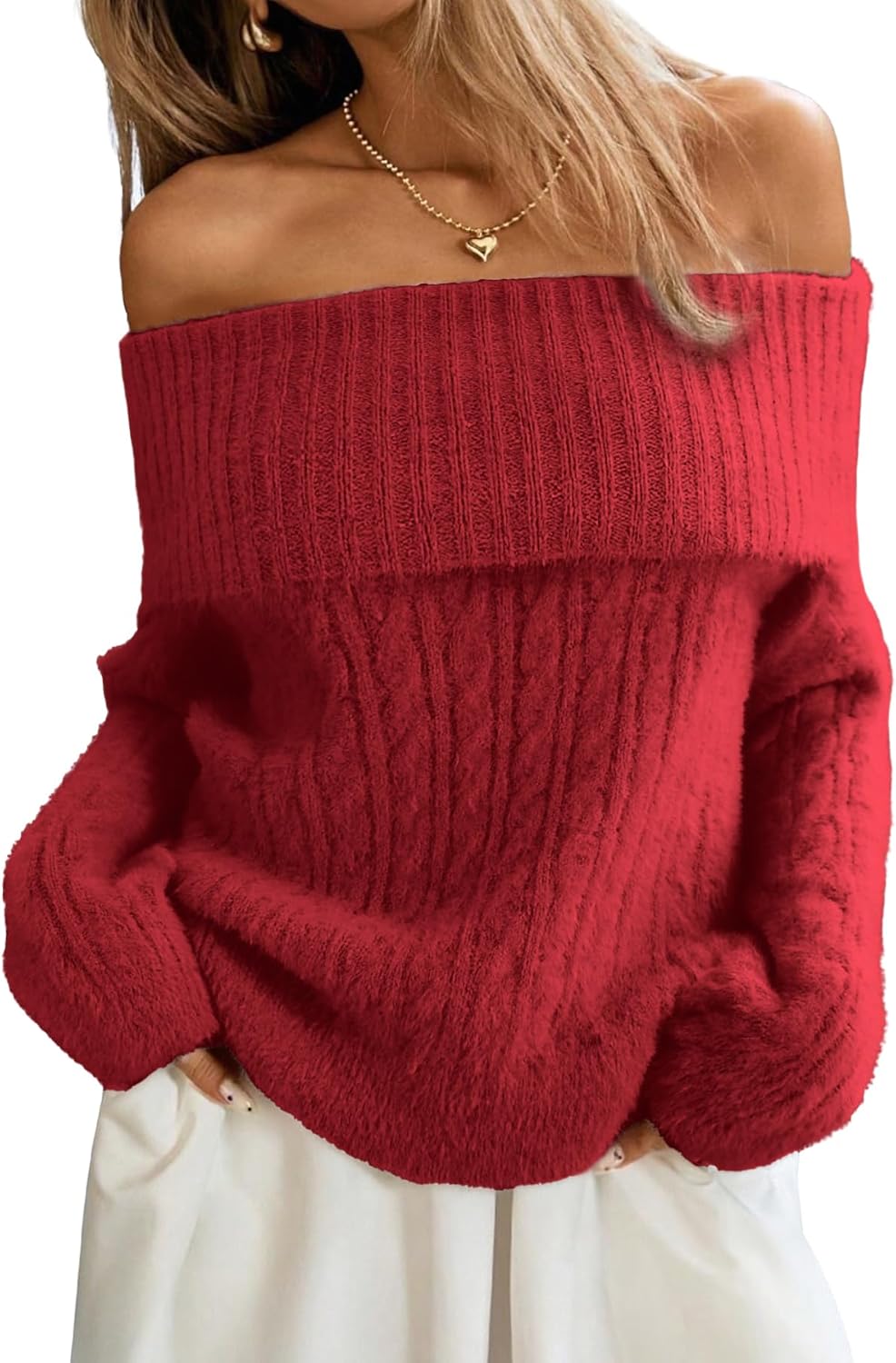 ELLEVEN Women’s Off Shoulder Cable Knit Sweater, Soft Oversized Pullover for Casual Fall Winter Outfits