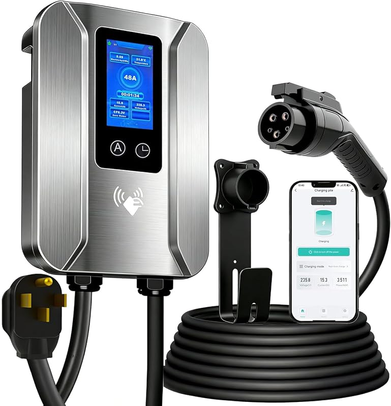 Estação de Recarga para Veículos Elétricos Level 2 HIUIORFET 48 A, Wi-Fi, NEMA 14-50 com Plug J1772, Cinza Metálico