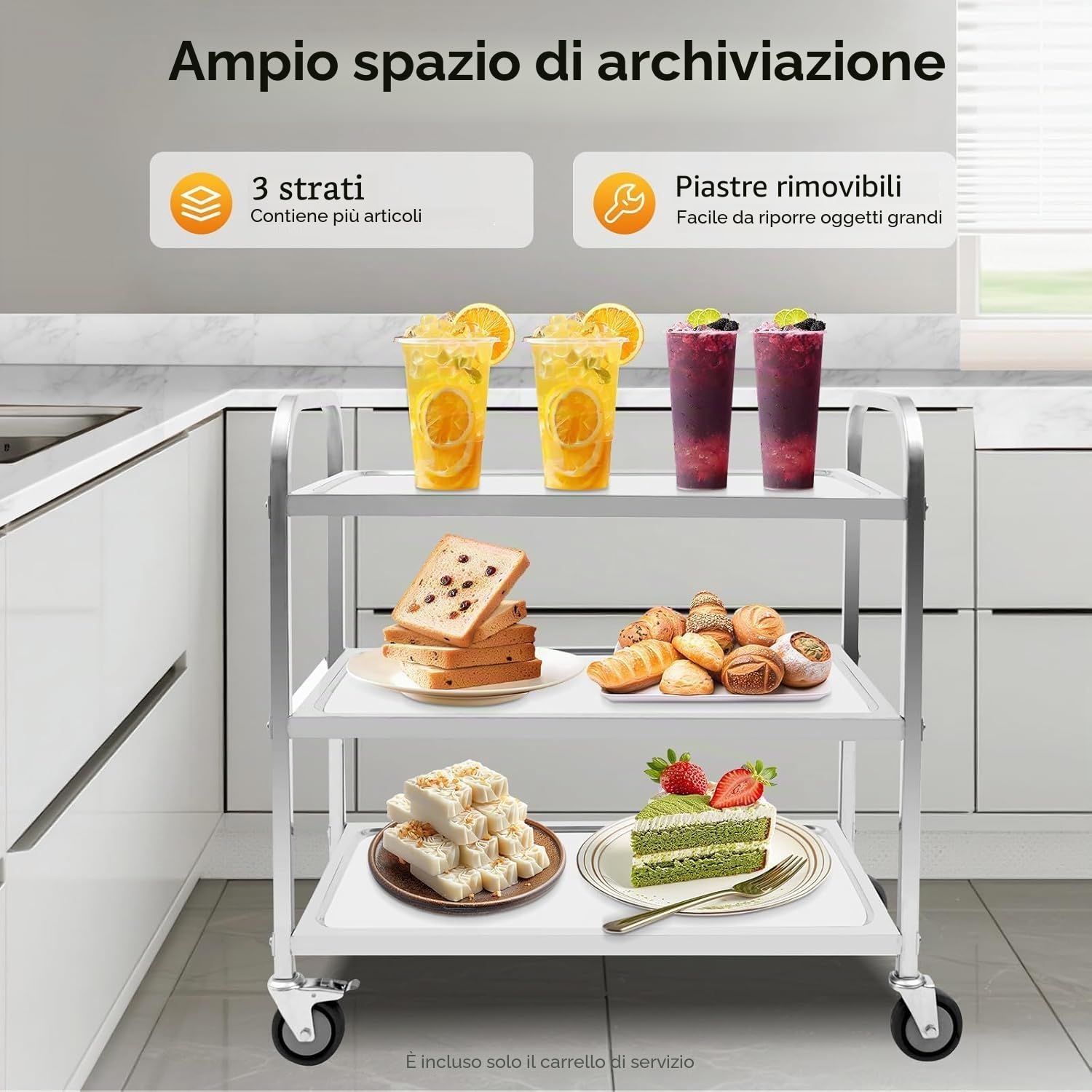 Royal Catering Carrello da servizio professionale in acciaio inox | 3 ripiani + 4 ruote con freno di stazionamento | 75 × 40 × 83,5 cm carrello da cucina per gastronomia, hotel e catering