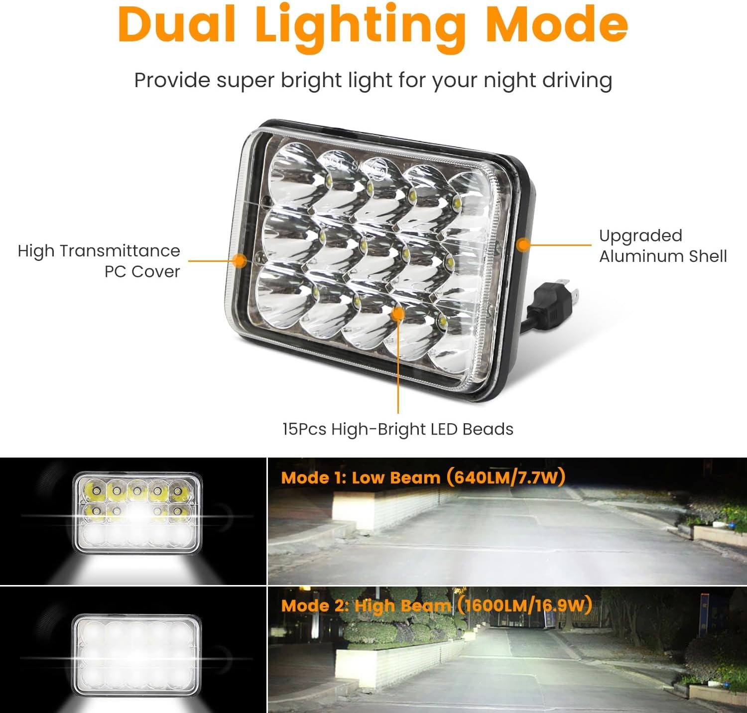 Moclever 2 pcs Rectangular 4x6in LED Headlights Hi/Low Sealed Beam Replacement Headlamp,White Light,IP68 Waterproof W/H4 Socket H4-to-3Pins Adapter for 10-80V SUV Truck Sedan Car Vehicle Motorcycle