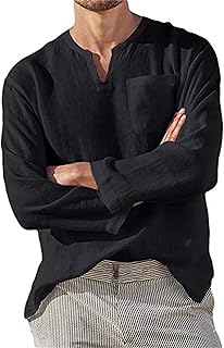 Camisas Henley de algodón y lino para hombre, camisetas casuales de manga larga para playa, camisa ligera de color sólido con cuello en V y bolsillos