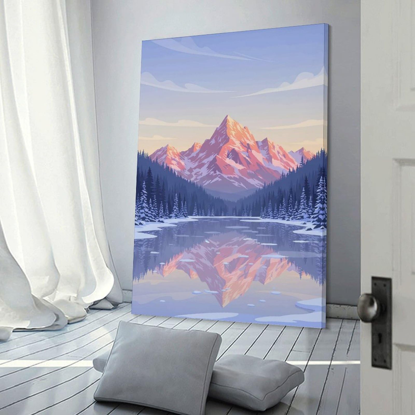 Junmoney Winter Mountain Lake Reflection Landscape Hanging Wall Art, 24x36inch(60x90cm), for Gallery Wall Decor And Room Displays, Home Wall Art for Statement Displays