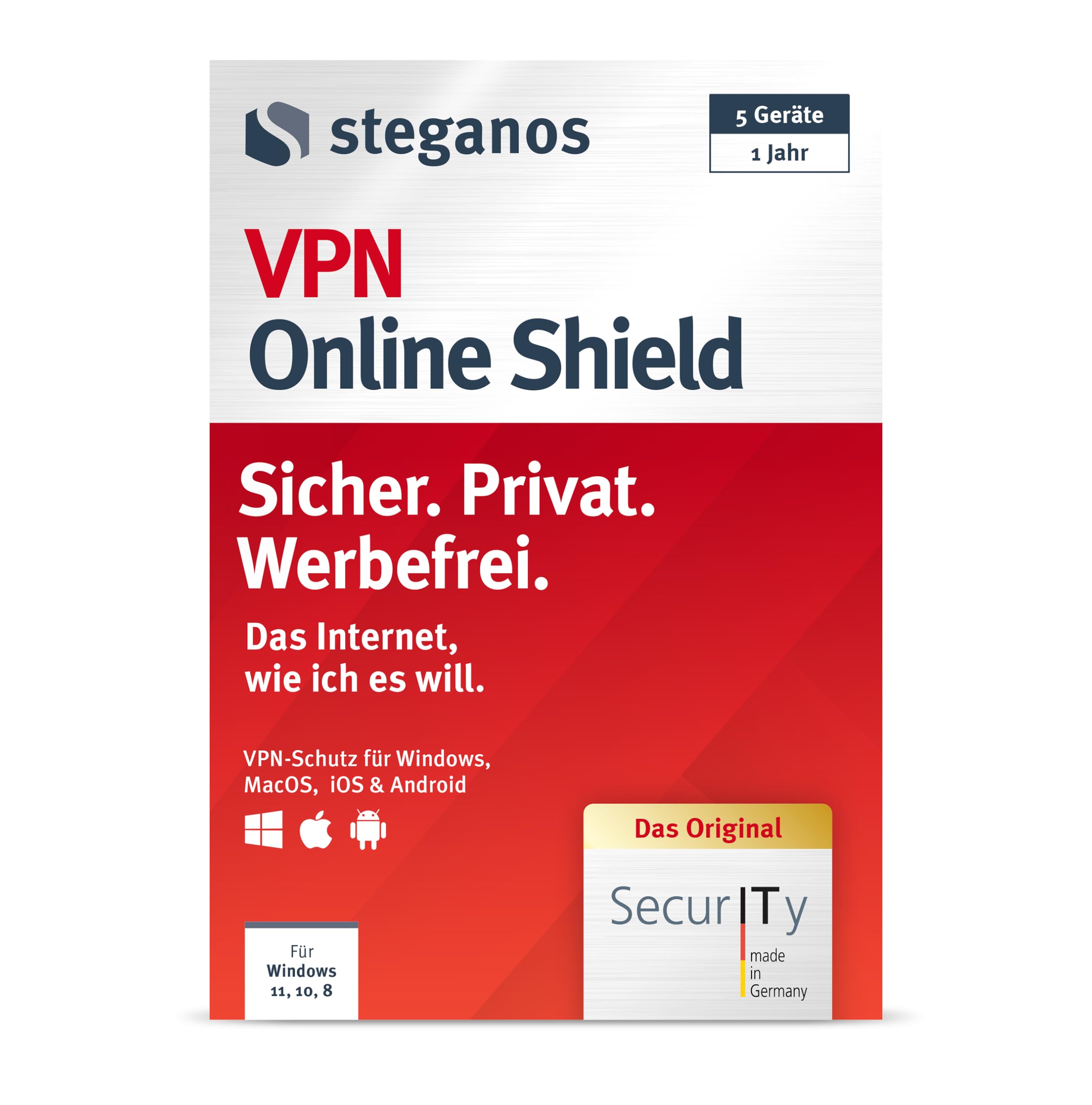 Steganos VPN Online Shield 2026 (aktuelle Version) - Die VPN-Lösung ohne Tempo- und Datenlimit aus Deutschland für Windows, macOS, iOS und Android - 5 Geräte / 1 Jahr - DEUTSCH - ProductKeyCard (PKC)