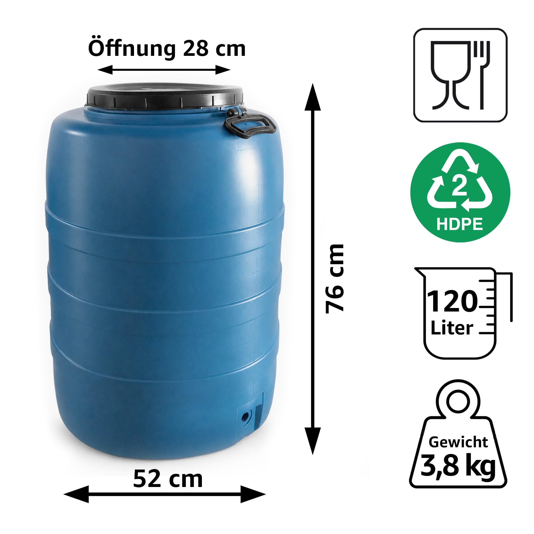 plasteo Barile con coperchio a vite, per alimenti (120 l, blu con rubinetto