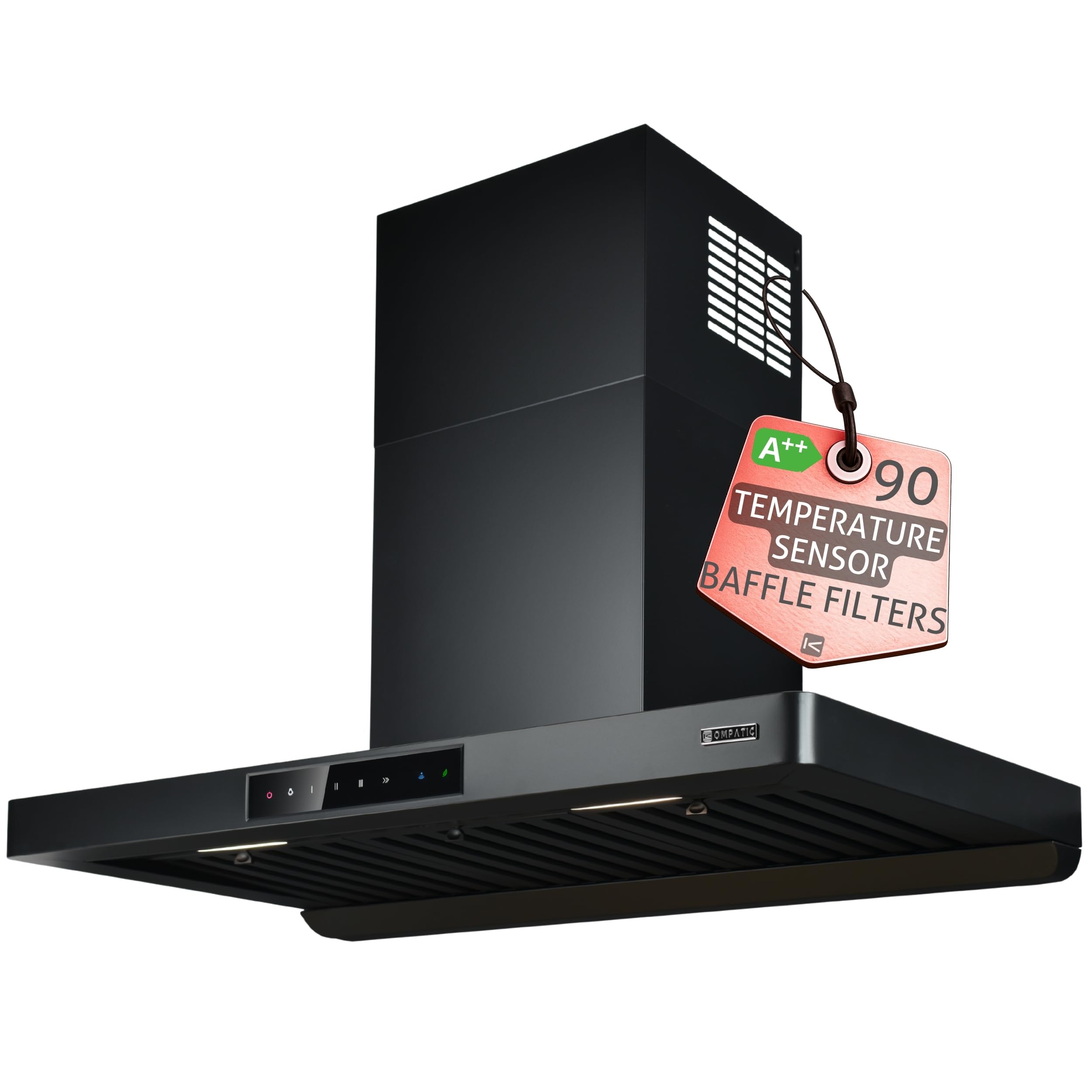 KTE90WPB Cappa aspirante a parete, A++, 90 cm, 800 m³/h, Funzionamento automatico, Sensore temperatura, Modalità purificazione aria, 3 velocità, Boost Super Boost, Nero