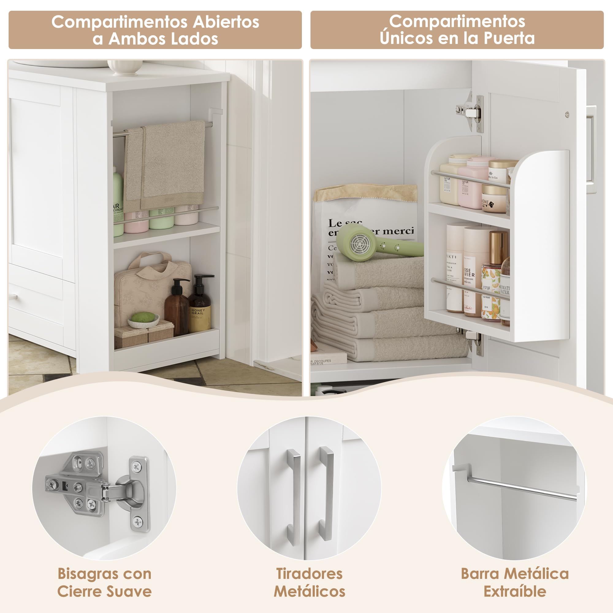 FOREHILL 80cm Mueble Baño Lavabo, Mueble Lavabo con Pie, Blanco | Mueble Baño, con 2 Portarrollos, 2 Puertas, 1 Cajón, 4 Estantes Abiertos, 80x30x63,5cm