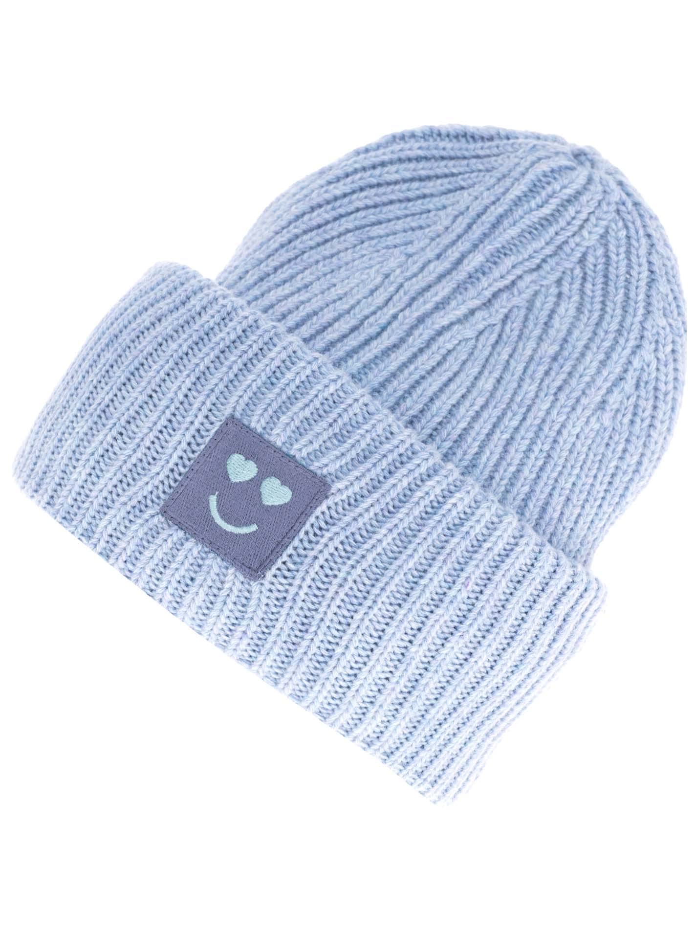 Zwillingsherz Slouch-Beanie-Mütze mit Wolle - Hochwertige Strickmütze mit Herz Smileys Patch für Damen Mädchen Jungen – Hat - Grobstrick - One Size - warm und weich für Frühling Herbst und Winter