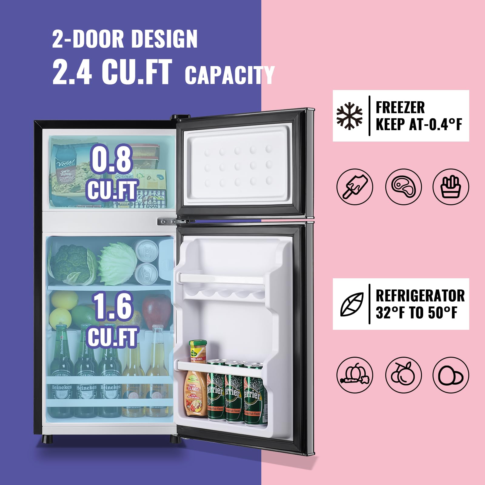 Demuller 2.4 Cu.Ft Small Refrigerator With Freezer Dorm Mini Fridge With Removable Plastic Shelves Mini Refrigerator Ideal For Home, Office,Dormitory Gray on Fridge.com - View 2