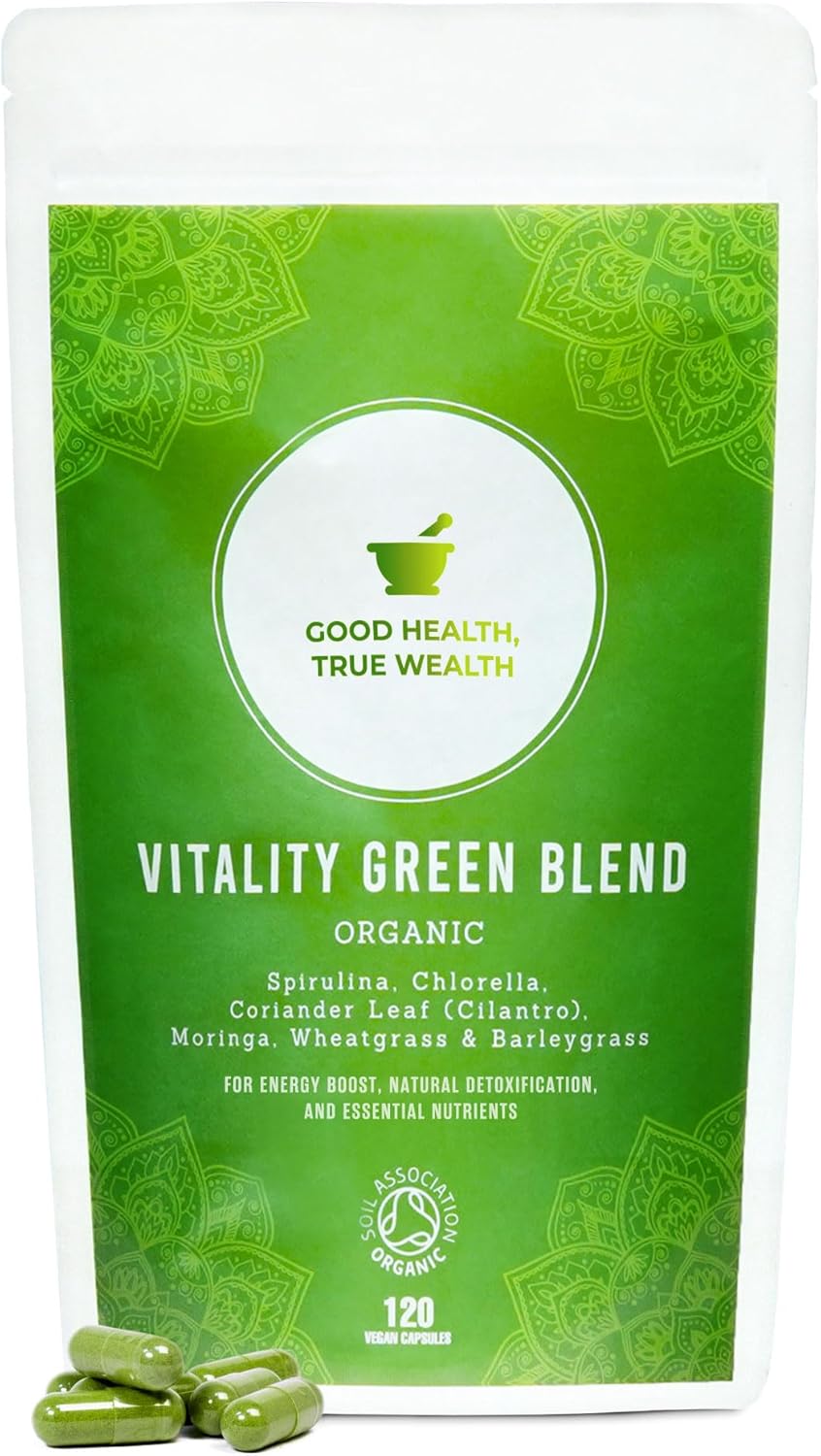 Organic Super Greens Capsules | Ultimate Green Blend of 6 Super Greens & Superfood Powder | 120 Capsules | Removes Toxins & Boost Energy | Gluten-Free, Vegan & Soil Association Certified