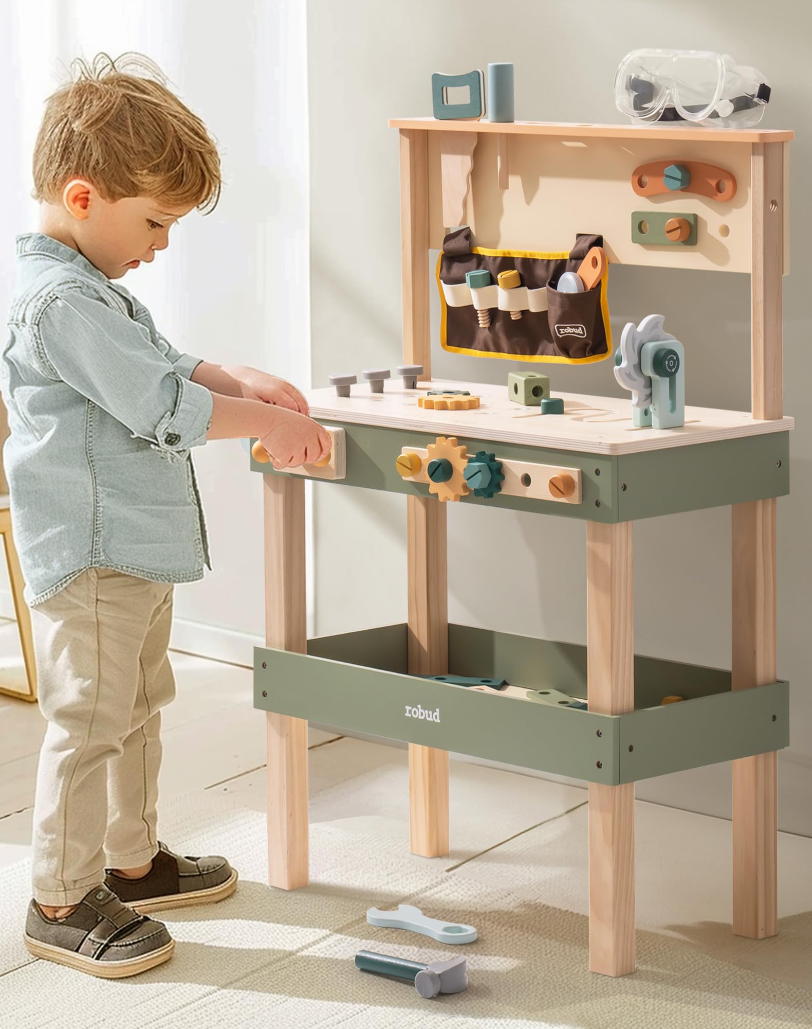 ROBUD Banco da lavoro in legno per bambini, giocattolo con cintura per attrezzi, set di attrezzi per bambini, occhiali di protezione, carta da disegno per giochi di ruolo, giocattolo per ragazzi e
