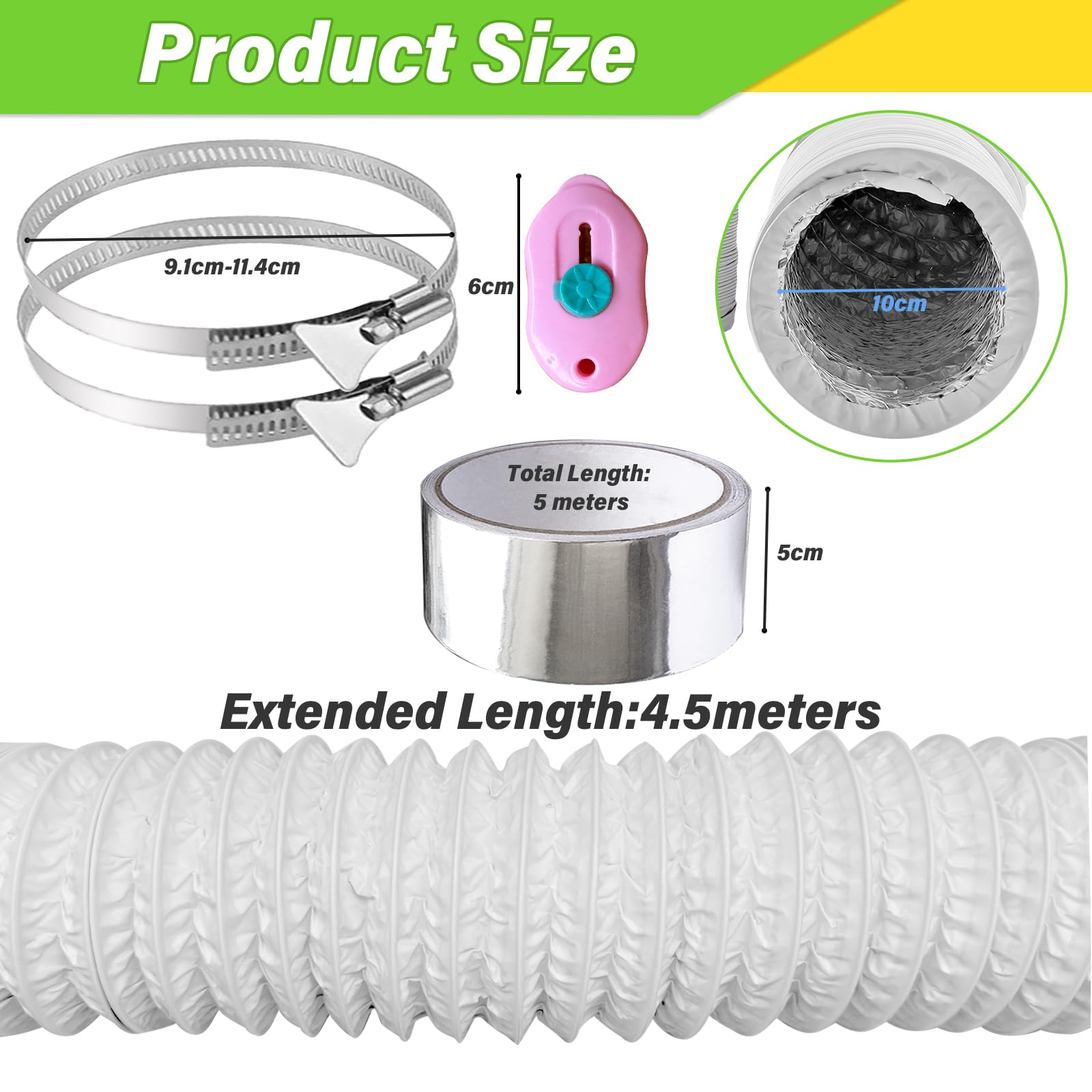 URHRHU PVC Flexible Hose 100mm Flexible Ducting Auminium Foil Ducting Insulated Ducting Ventilation Air Ducting PVC Pipe for Universal Tumble Dryer (100mm*4.5m, White) - Image 2