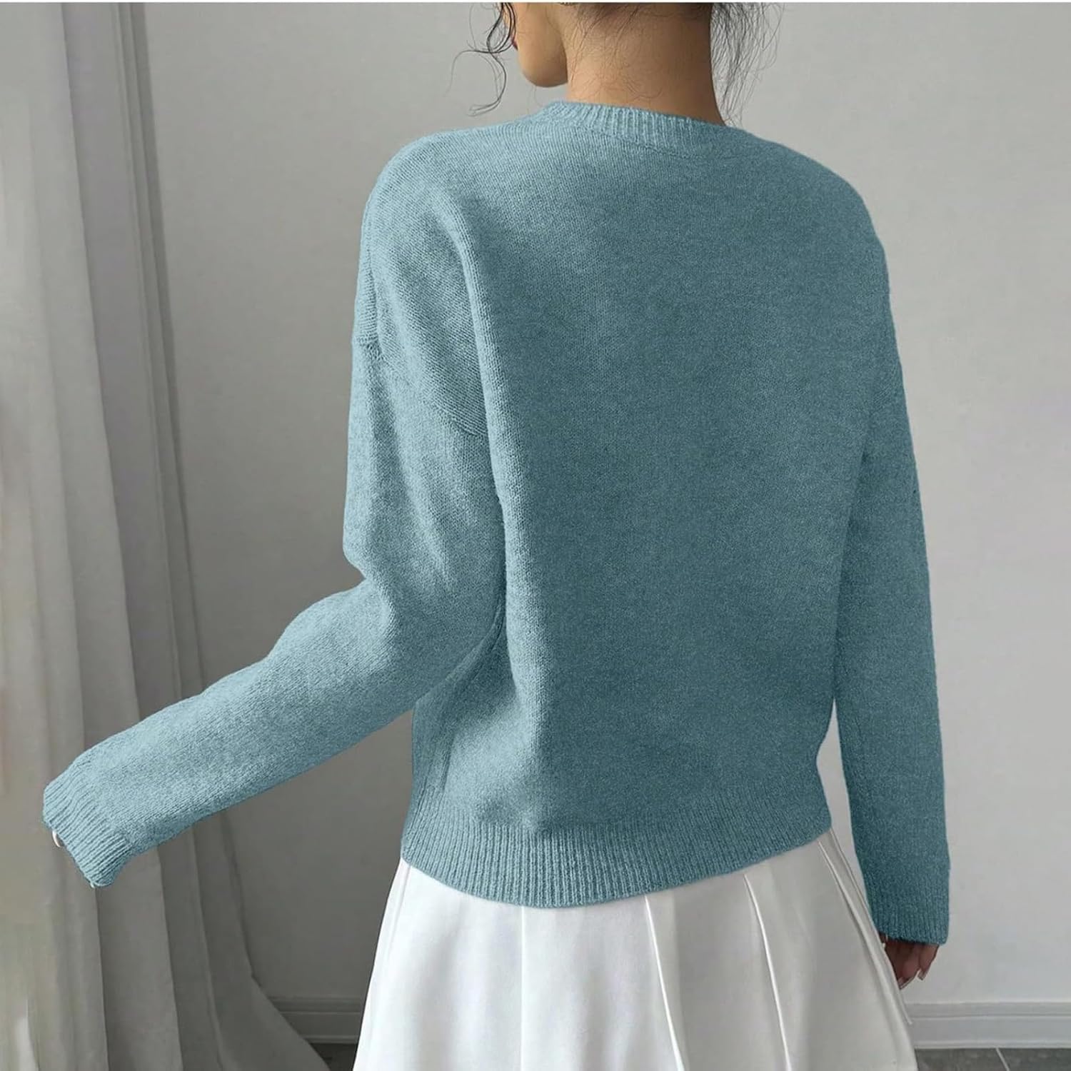 Women's 3D Floral Appliques Crewneck Sweaters Long Sleeve Drop Shoulder Pullovers Elegant Knit Tops - Image 4