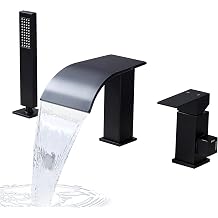Waterfall Tub Filler Faucet with Handheld Shower, High Flow Roman Tub Faucet with 3 Hole Bathroom Bath Tub Faucet Deck Mount, Matte Black