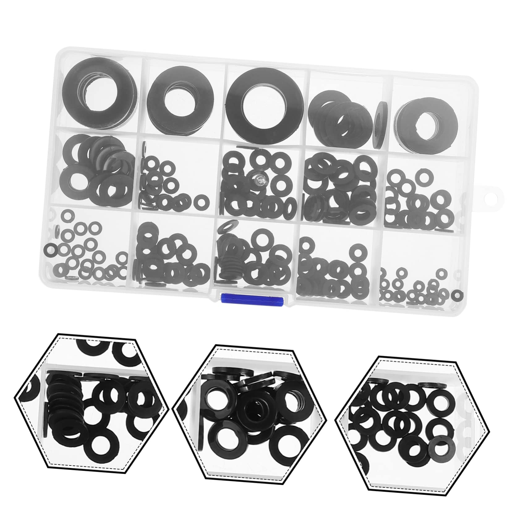 WOONEKY Guarnizioni Rubinetto 215 Pezzi in Plastica Nero, Kit di Rondelle Piatte per Riparare Perdite del Rubinetto Cucina e Lavabo Bagno