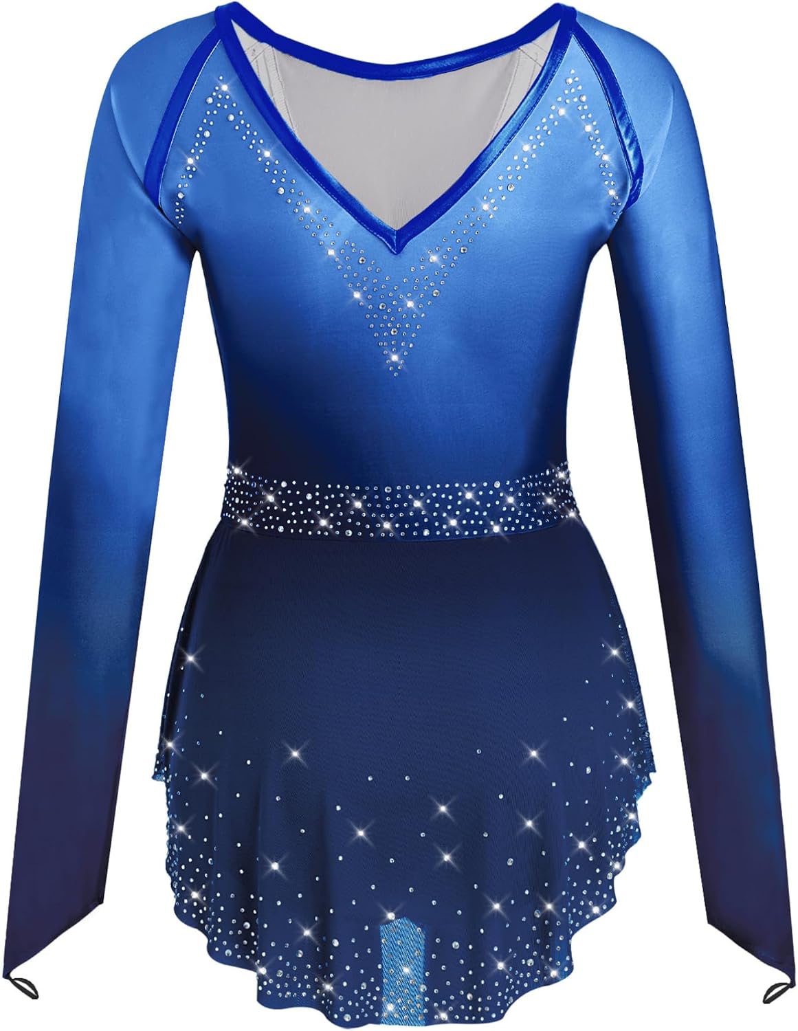 Women's Gradient Ice Figure Skating Dress Long Sleeve Rhinestones Ballet Gymnastic Skirt Leotards