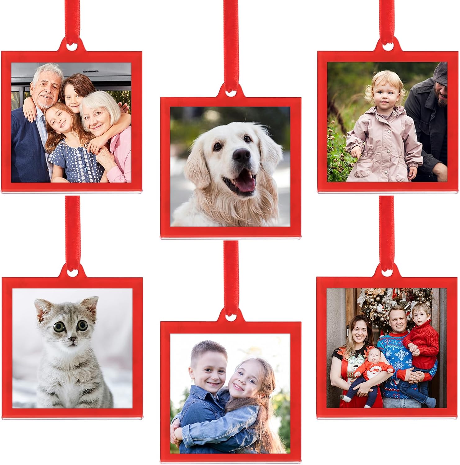 UNIQOOO 3.2 x 3.2 inch Christmas Acrylic Red Photo Frame Ornaments for Display Picture, 6 Pcs Festive Hanging Decoration, Double-Sided Picture Frames for Holiday Season Home Party Xmas Tree Decoration