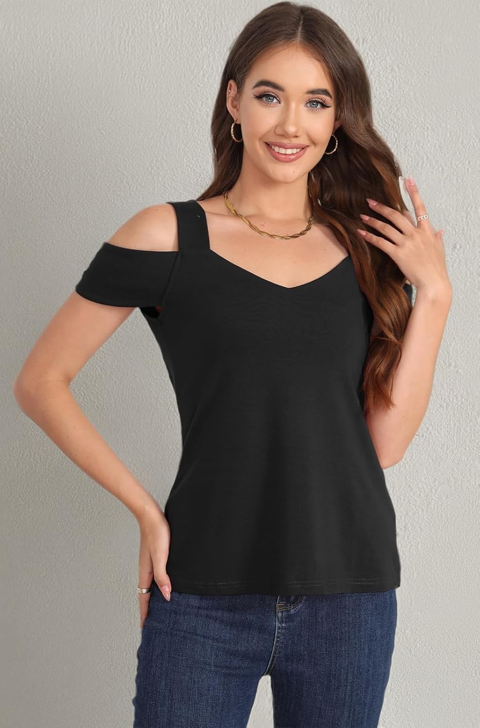 Soesdemo Womens Short Sleeve Tops Casual V Neck Cold Shoulder Comfy T Shirts Trendy Basic Tunics Tank Top - Image 8