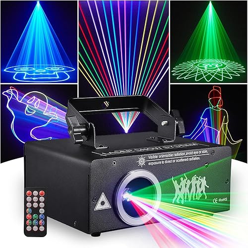 Luz láser de animación para DJ, Olaalite 3D Stage Party Lazer Light RGB a todo color con DMX512, sonido musical y control remoto, ideal para fiestas