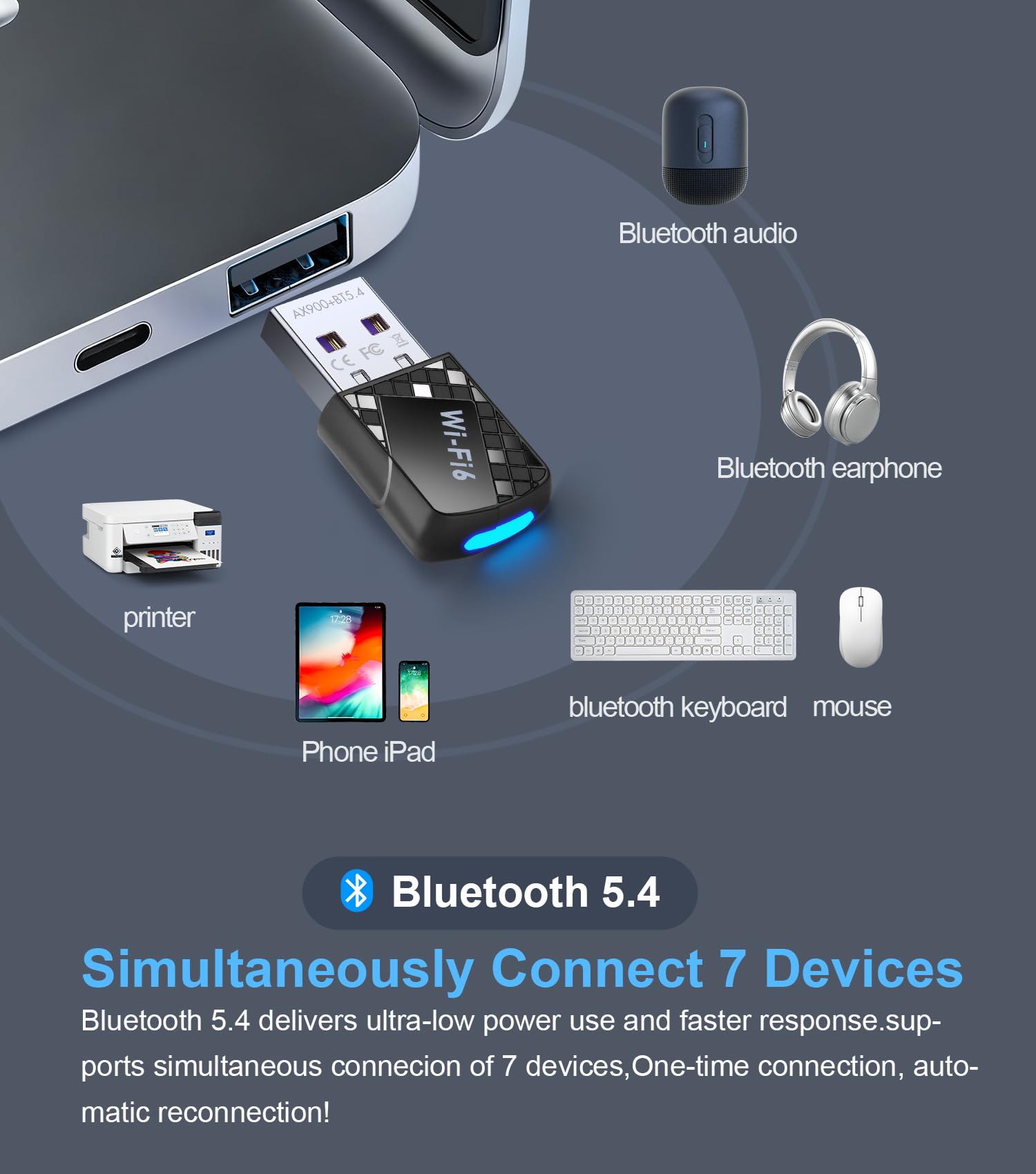 Adaptador Wi-Fi USB, WiFi 6 y adaptador Bluetooth 5.4 para computadora portátil, dongle inalámbrico de 900 Mbps, doble banda 5G/2.4GHz, controlador integrado para escritorio/portátil/PC, WPA3