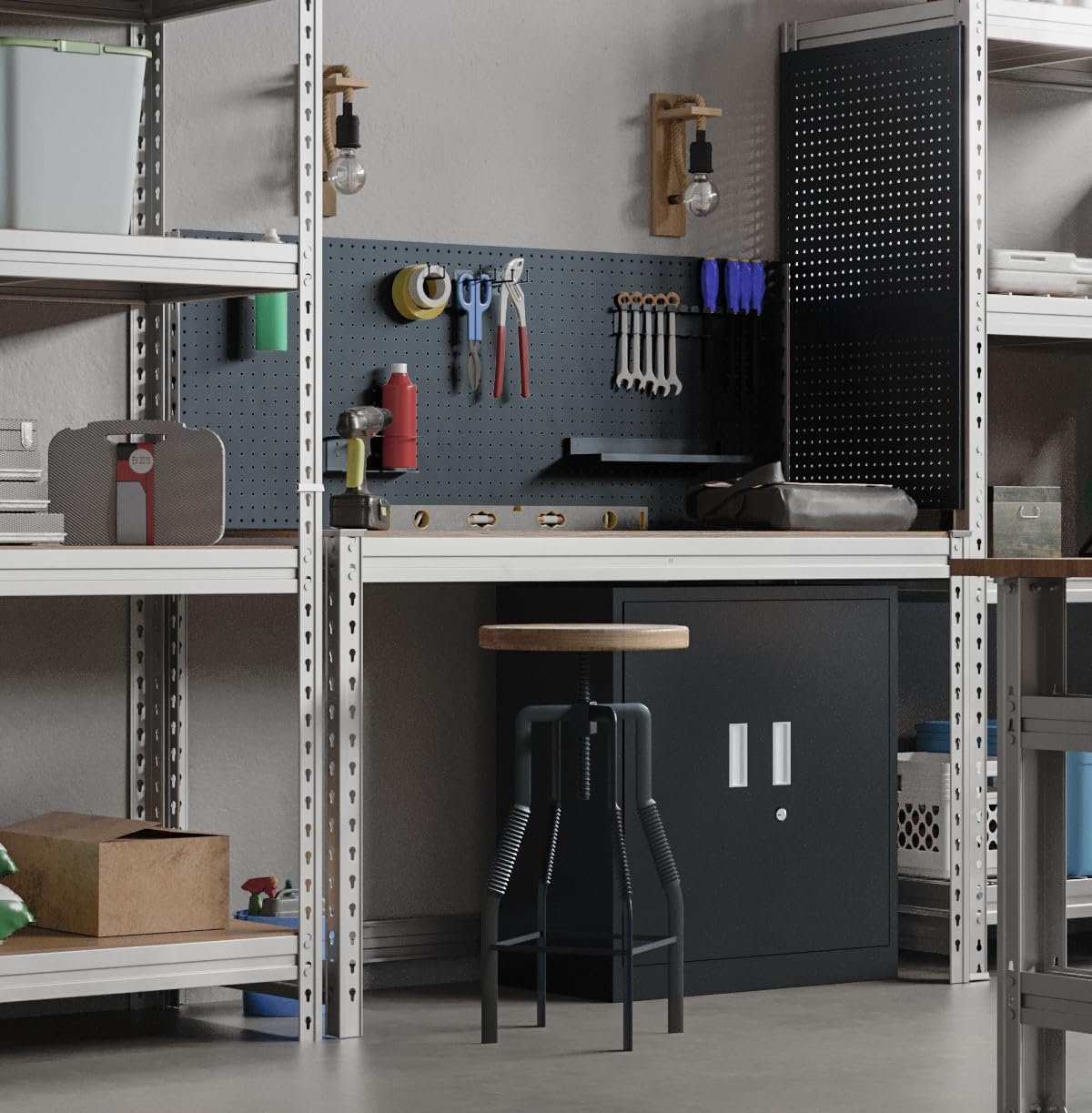 Master Rax Werkbank mit Stecktafel 150x150x60 cm – Traglast 300 kg – verzinkter Stahlrahmen – DTD-Arbeitsplatte 18 mm – werkzeuglose Montage – mit Lochwand – für Werkstatt & Garage