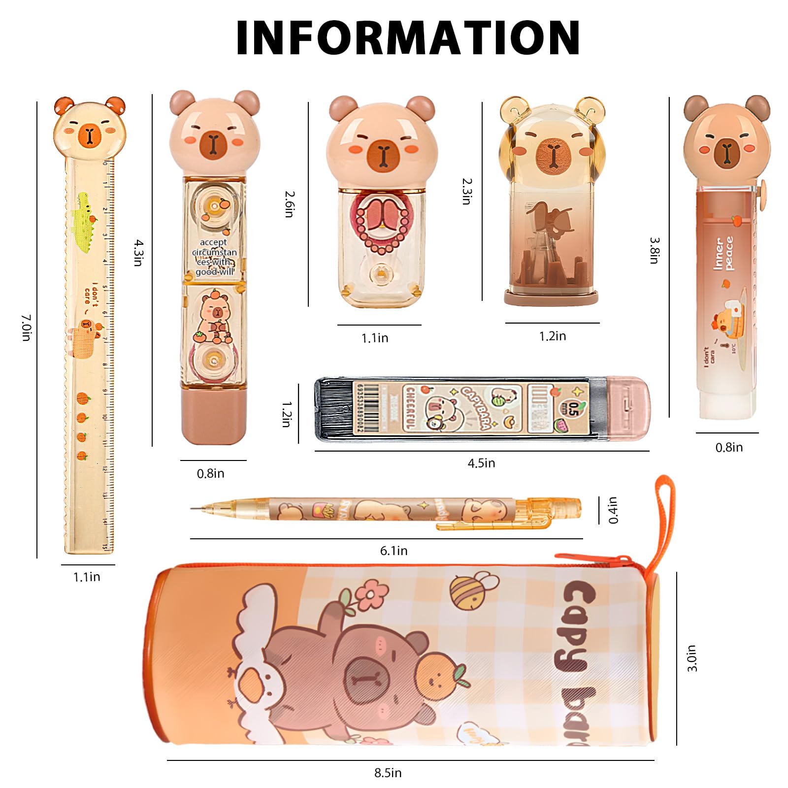 Lindos suministros escolares, juego de regalo de papelería, regalos de cumpleaños japoneses, incluye sacapuntas, borrador, cinta correctora, regla, calcomanías de capibara, para suministros escolares