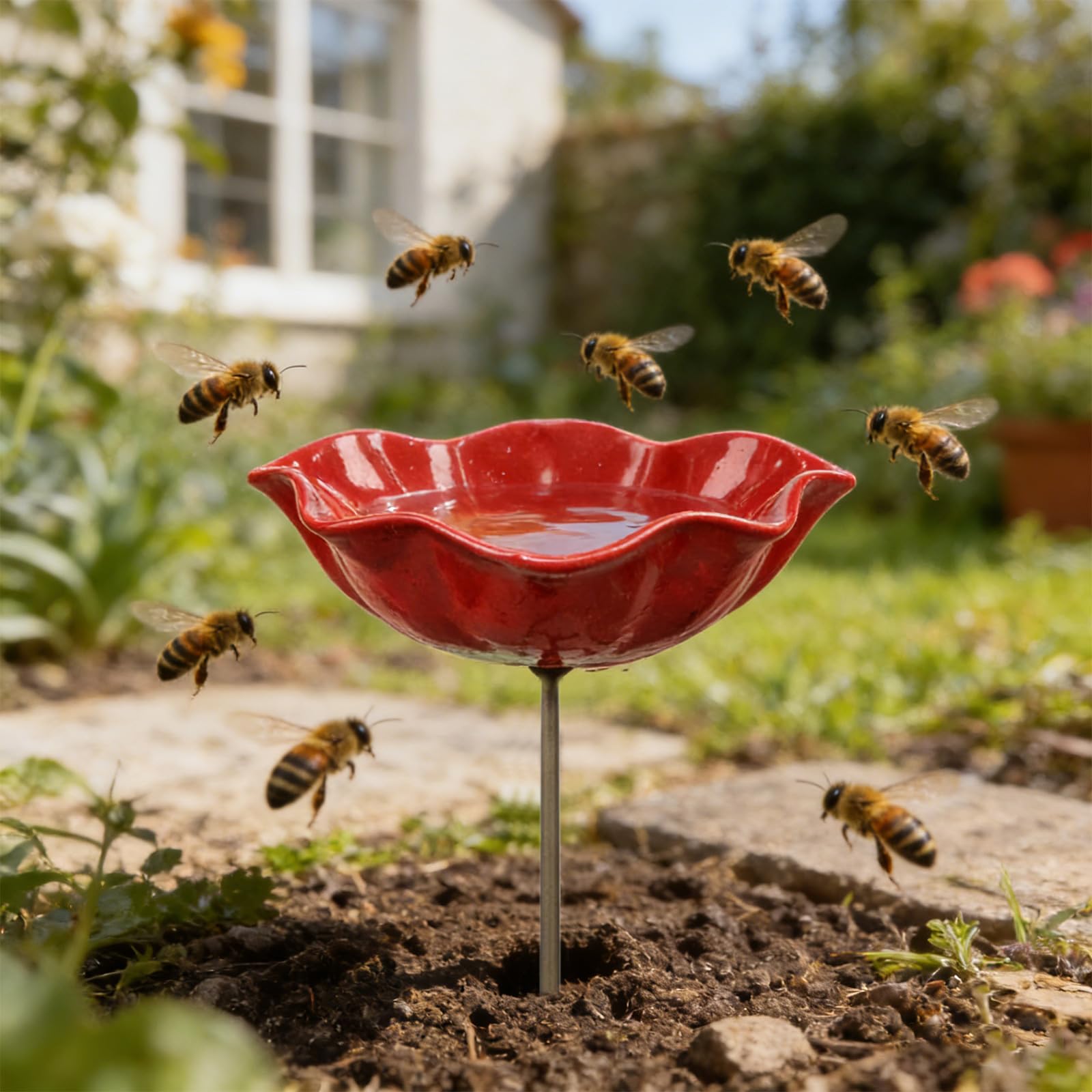 Mangiatoia per uccelli da giardino in metallo, decorazione per esterni con raccoglipioggia per uccelli e stazione di irrigazione per api per colibrì, 60 cm
