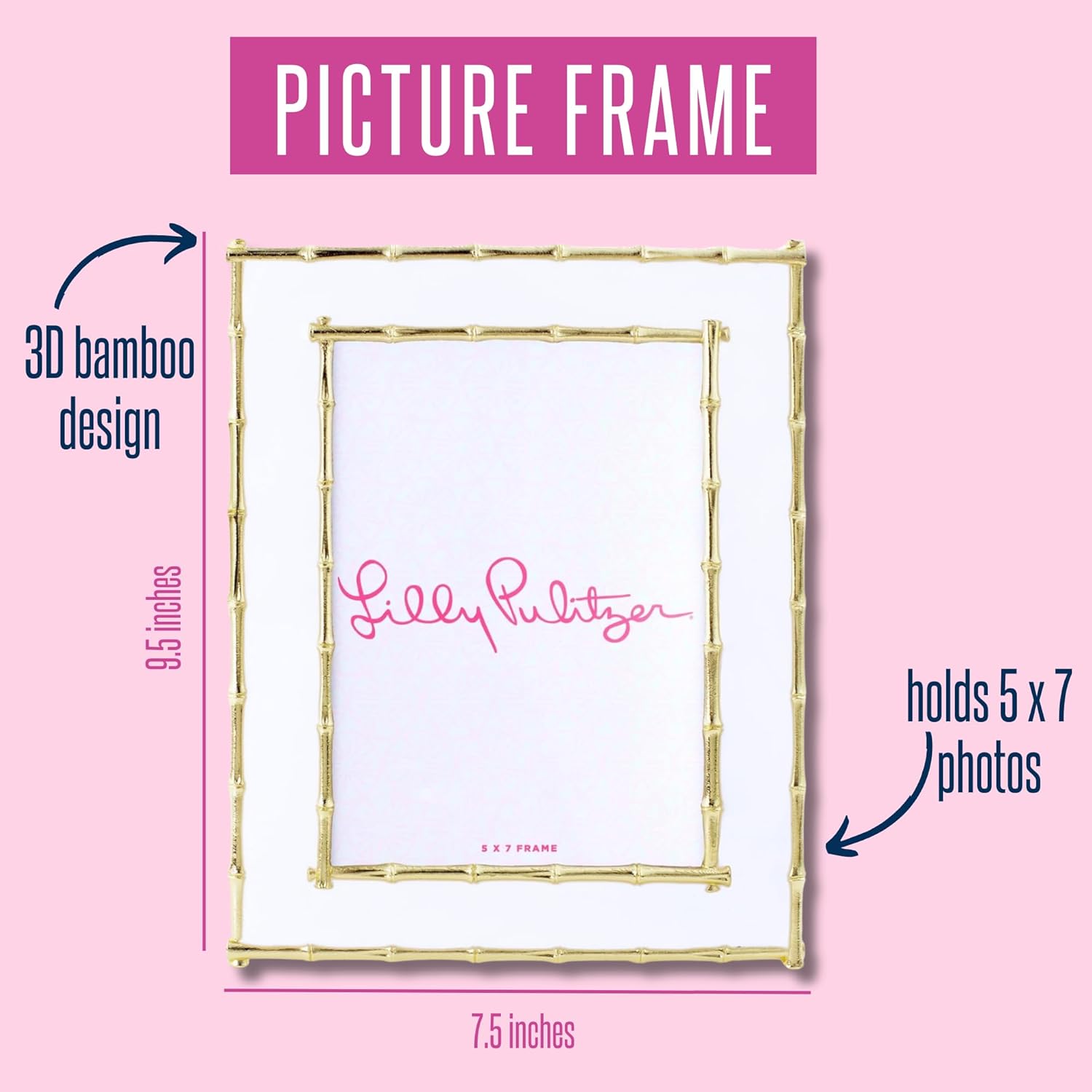 Lilly Pulitzer 5x7 Picture Frame, Decorative Photo Frame for Tabletop, Bamboo Metal Frame with Glass Front (White)