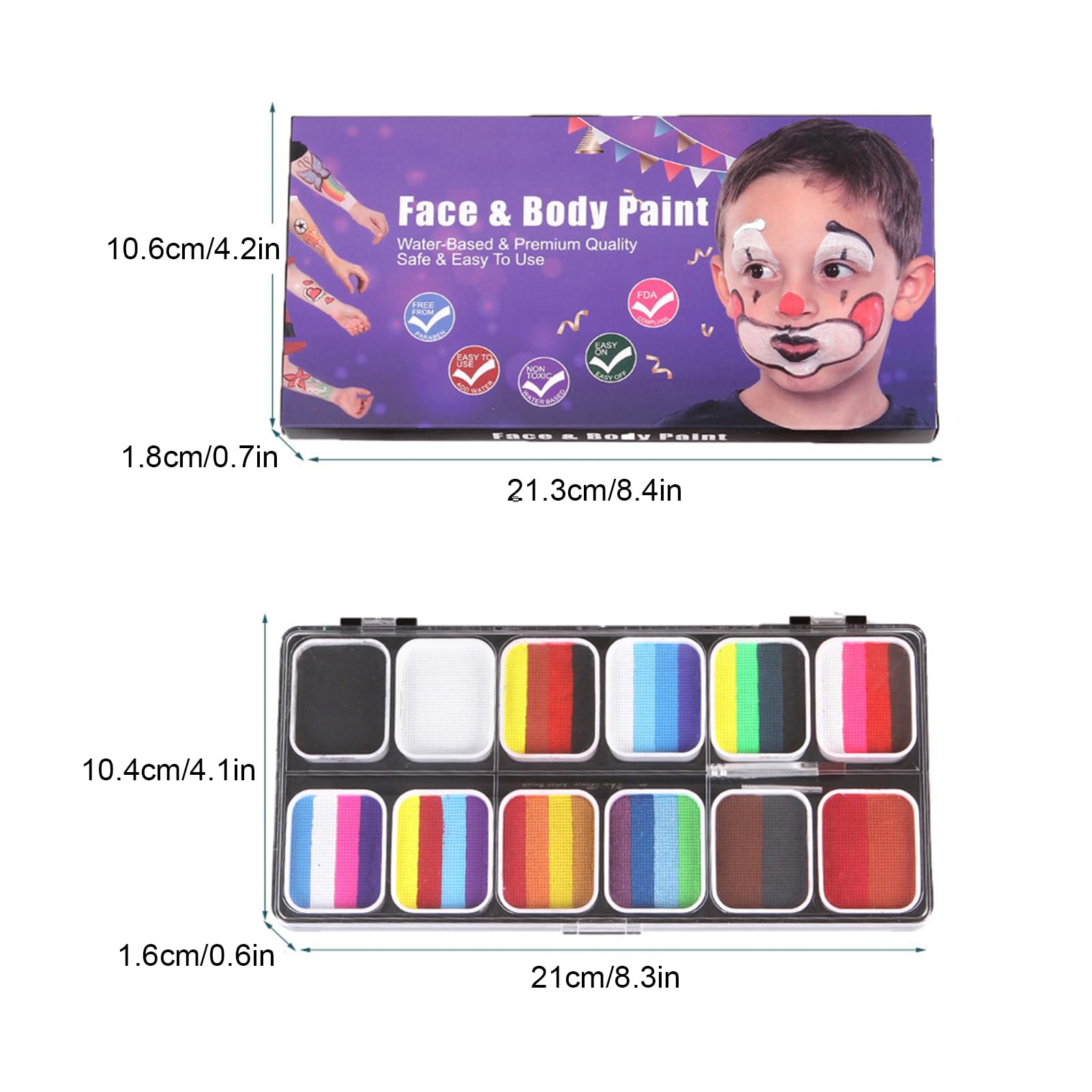 Pittura per il viso Set di 30 colori per acquerelli con 3 pennelli Kit attivato in modo sicuro per Halloween Costume Cosplay Party Festival Artisti Adulti (con 3 pennelli)