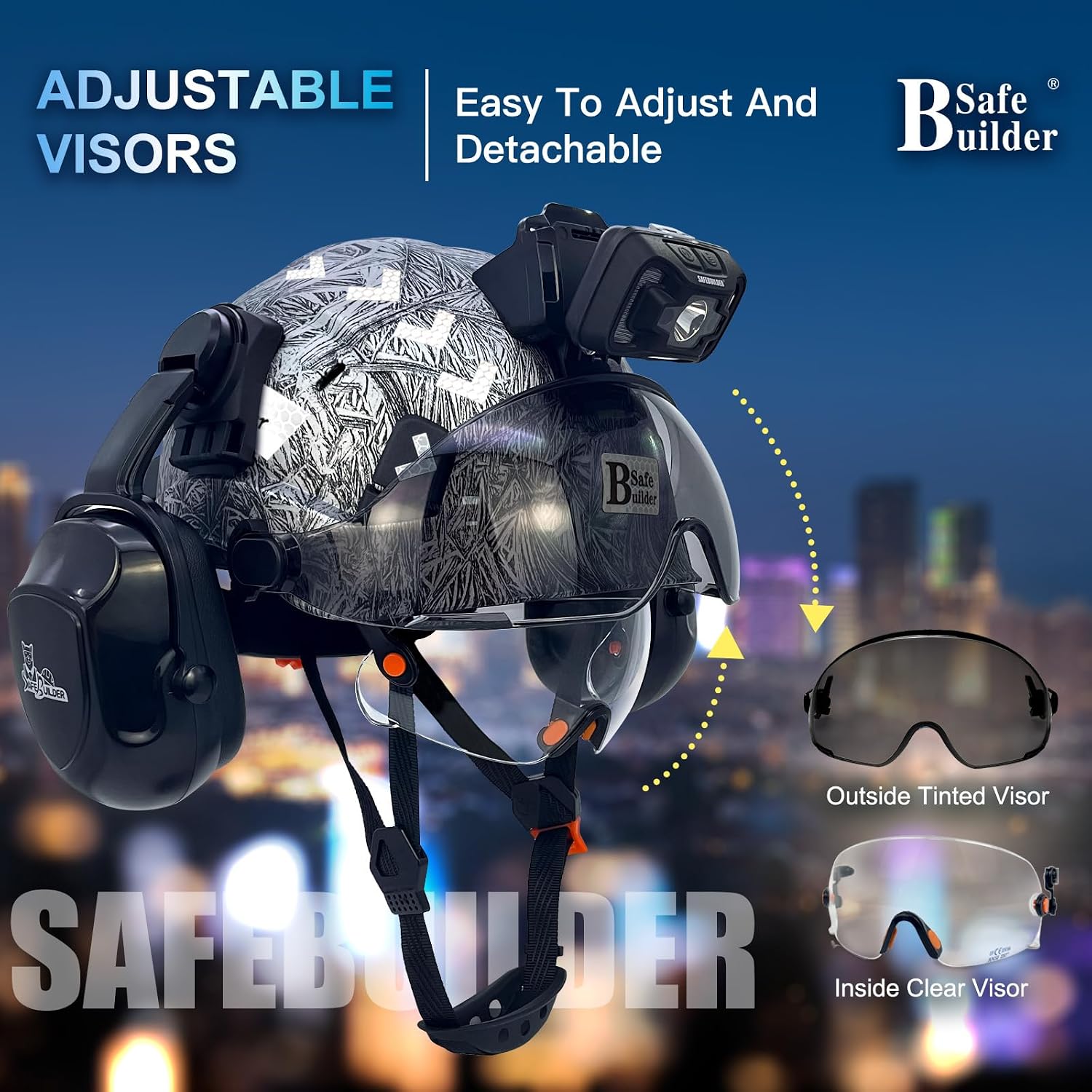 SAFEBUILDER Hard Hats with Visor and Build in Headlight Ear Muffs Lightweight Vented Safety Helmet Headlamp for Construction Industrial Outdoor Work ANSI Z89.1 Approved
