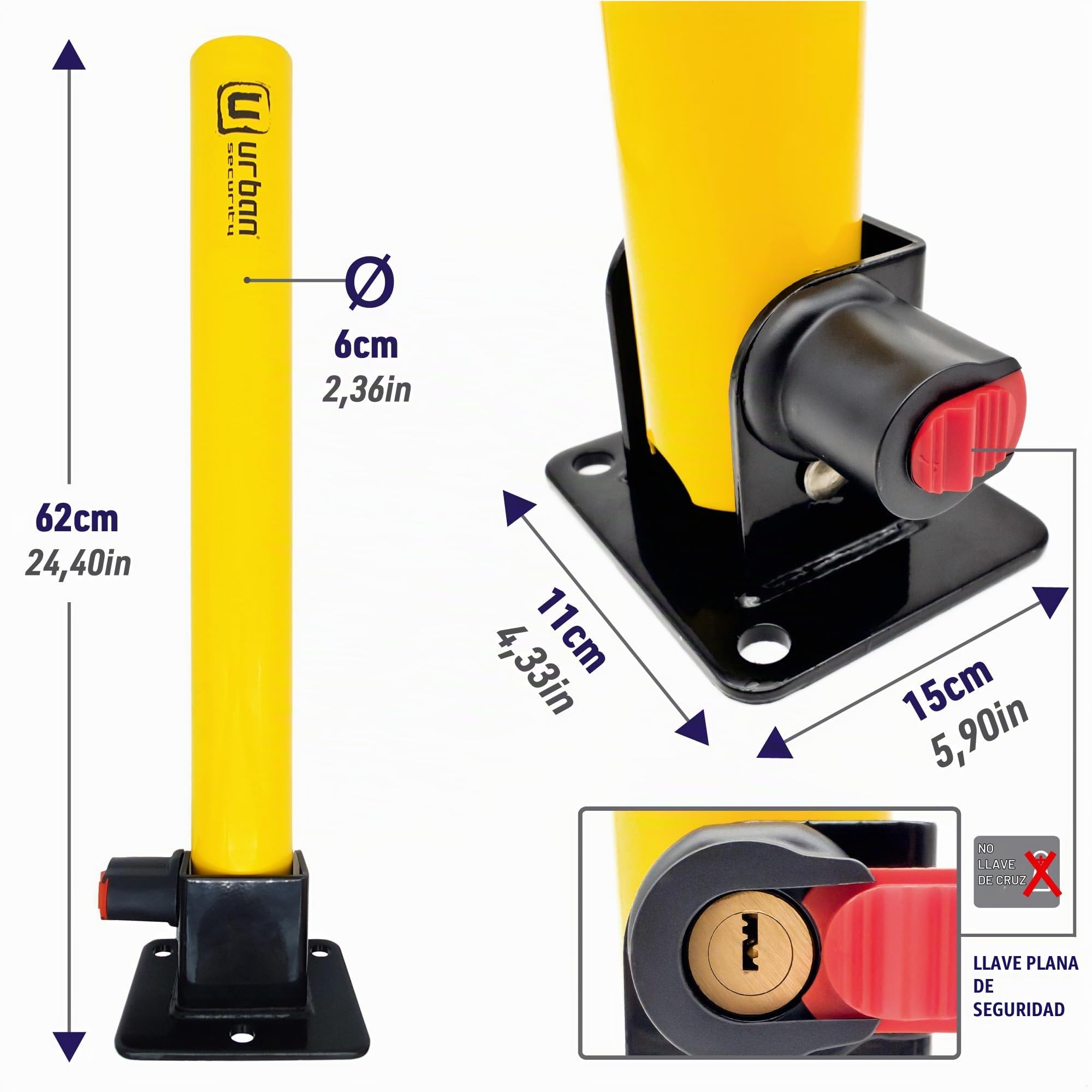 URBAN UR630 Cepo para Plaza de Garaje Abatible 62cm, Poste Barrera Parking Amarillo Alta Visibilidad, Cerradura Seguridad Mejorada, Bolardo Bloqueo Plaza Parking para Plaza Privada