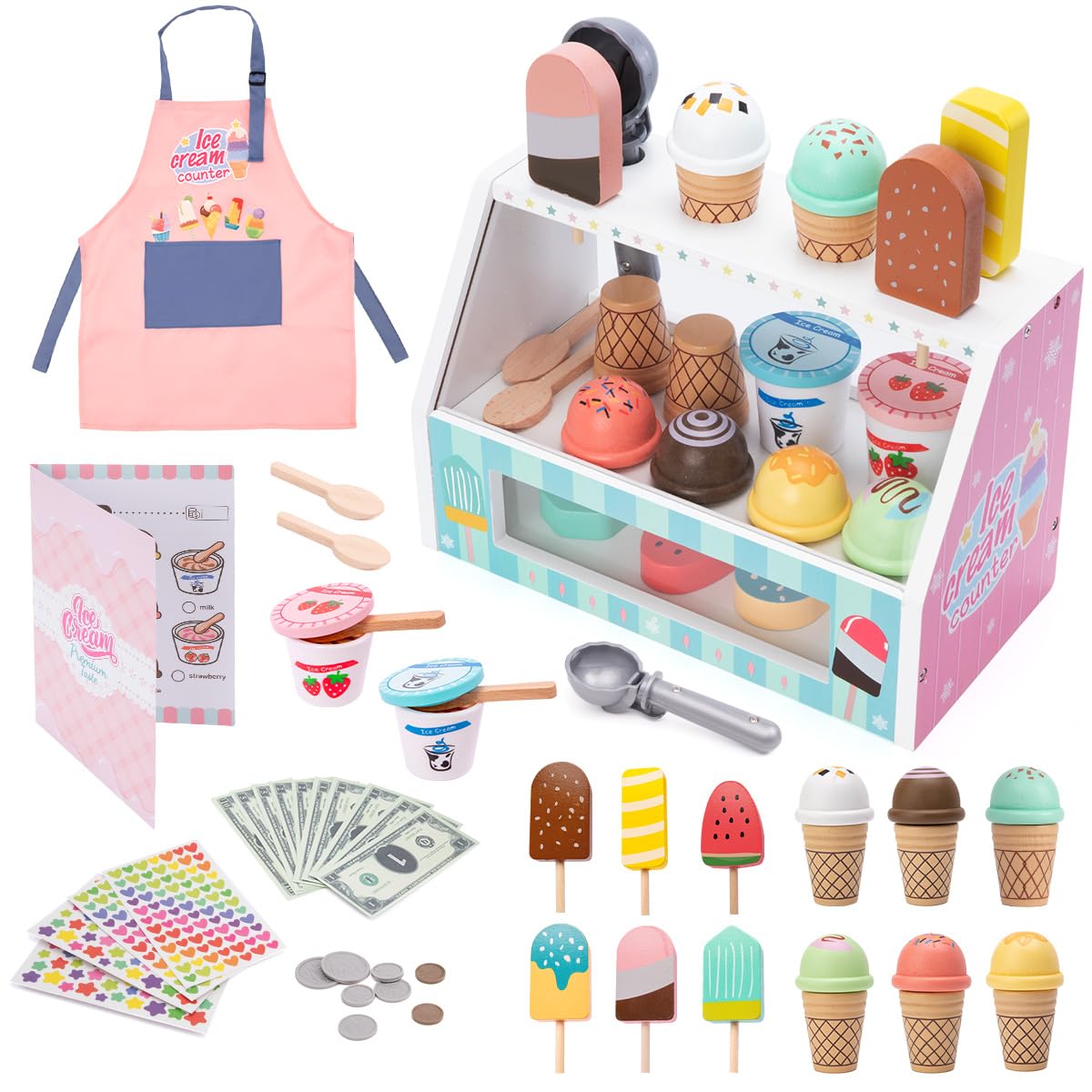 Meland Wooden Ice Cream Play Set - Ice Cream Counter, Apron, 50pc Kids Playset for Toddler Girls 3-5 Years Old