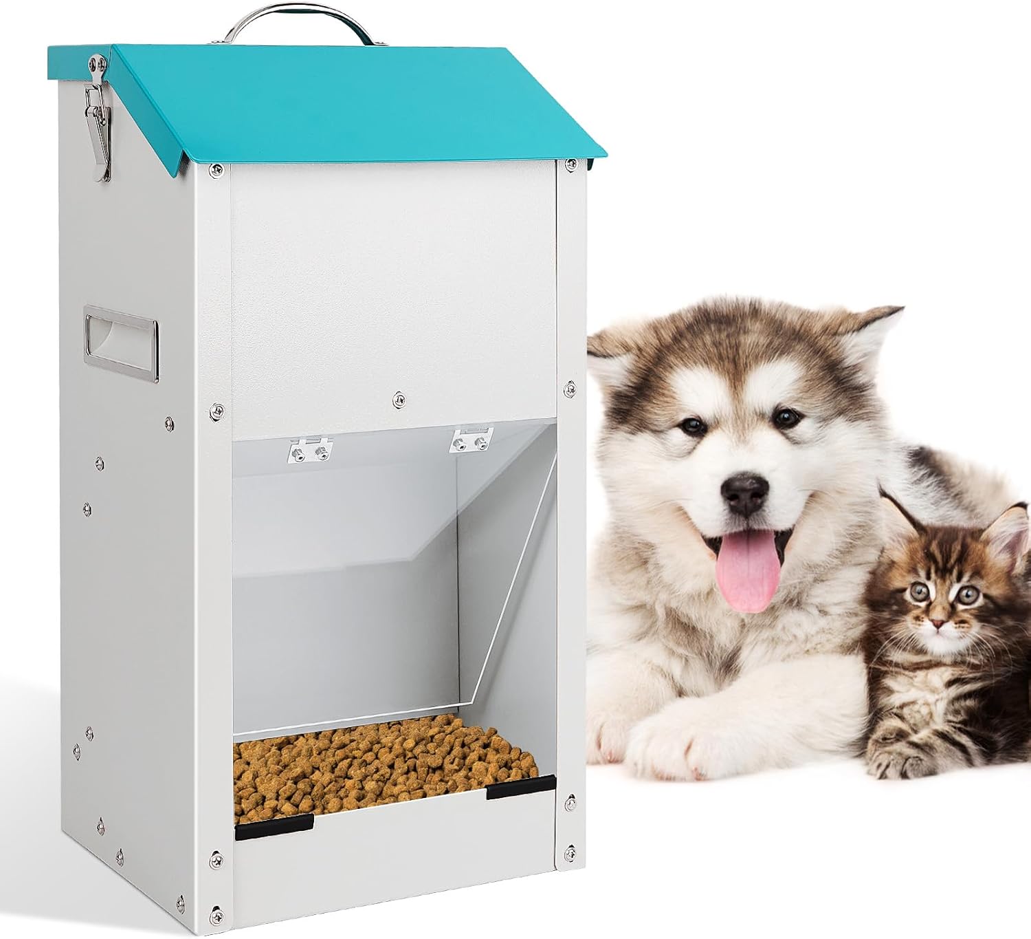 Automatic Dog Feeder with Handle,15lbs Galvanized Gravity Dog Food Dispenser and Hanging Dogs Auto Feeder for Medium and Small Size Animals