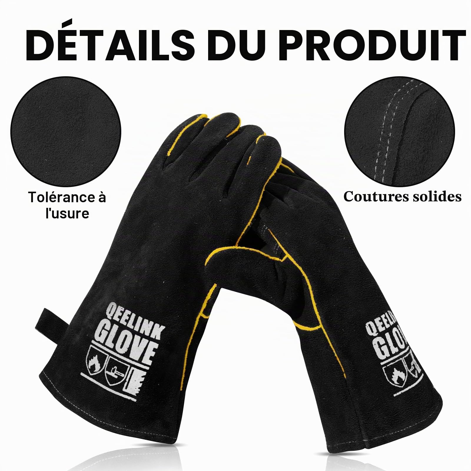 QeeLink Gants de soudure en cuir doublés résistants à la chaleur et à l'usure avec coutures ignifuges pour soudure/cheminée/barbecue/jardinage/travail