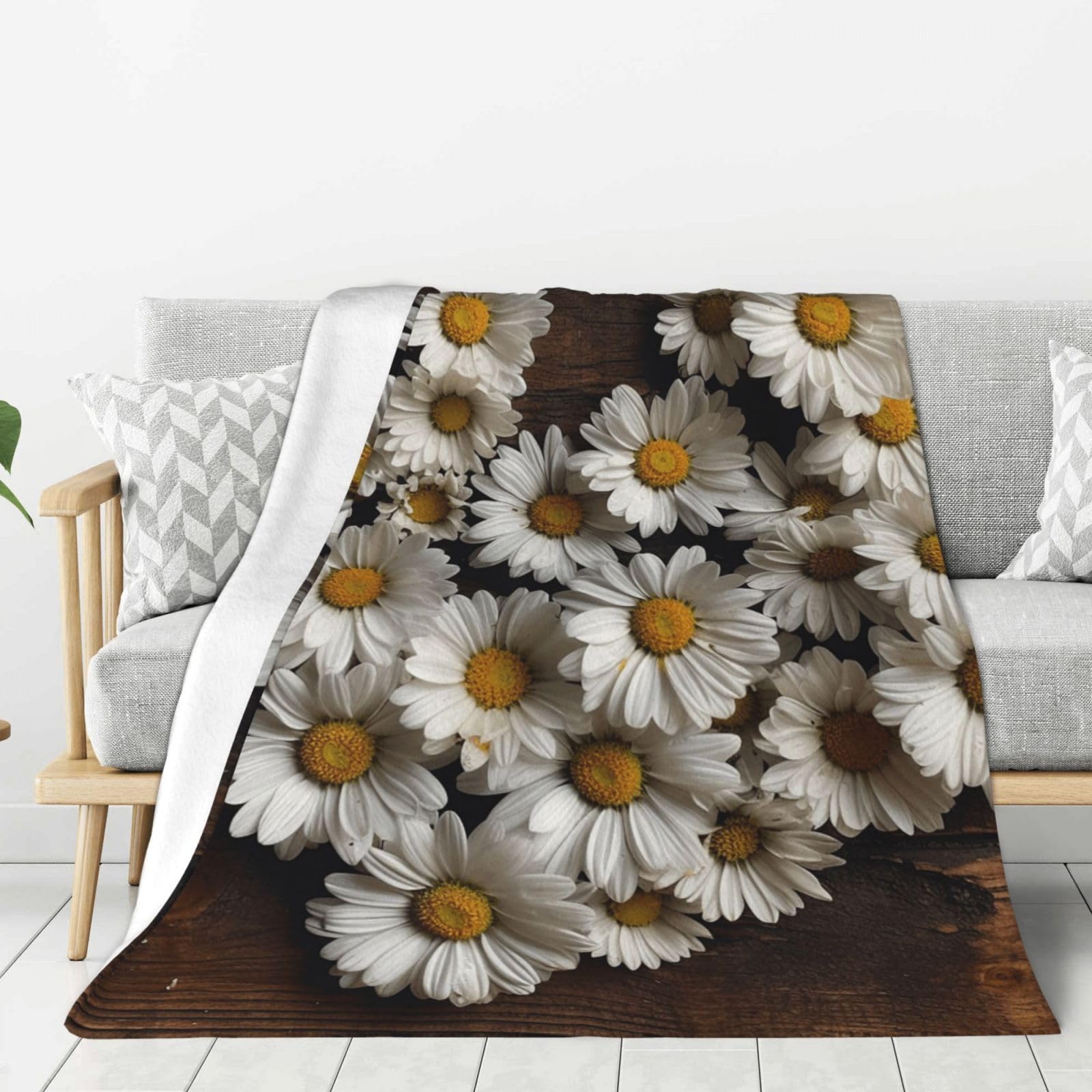 Daisy Flowers On Wooden Board Throw Blanket Plush Flannel Fleece Blanket, Soft Lightweight Cozy Blankets 80"X60" for Bed Couch Sofa Travel