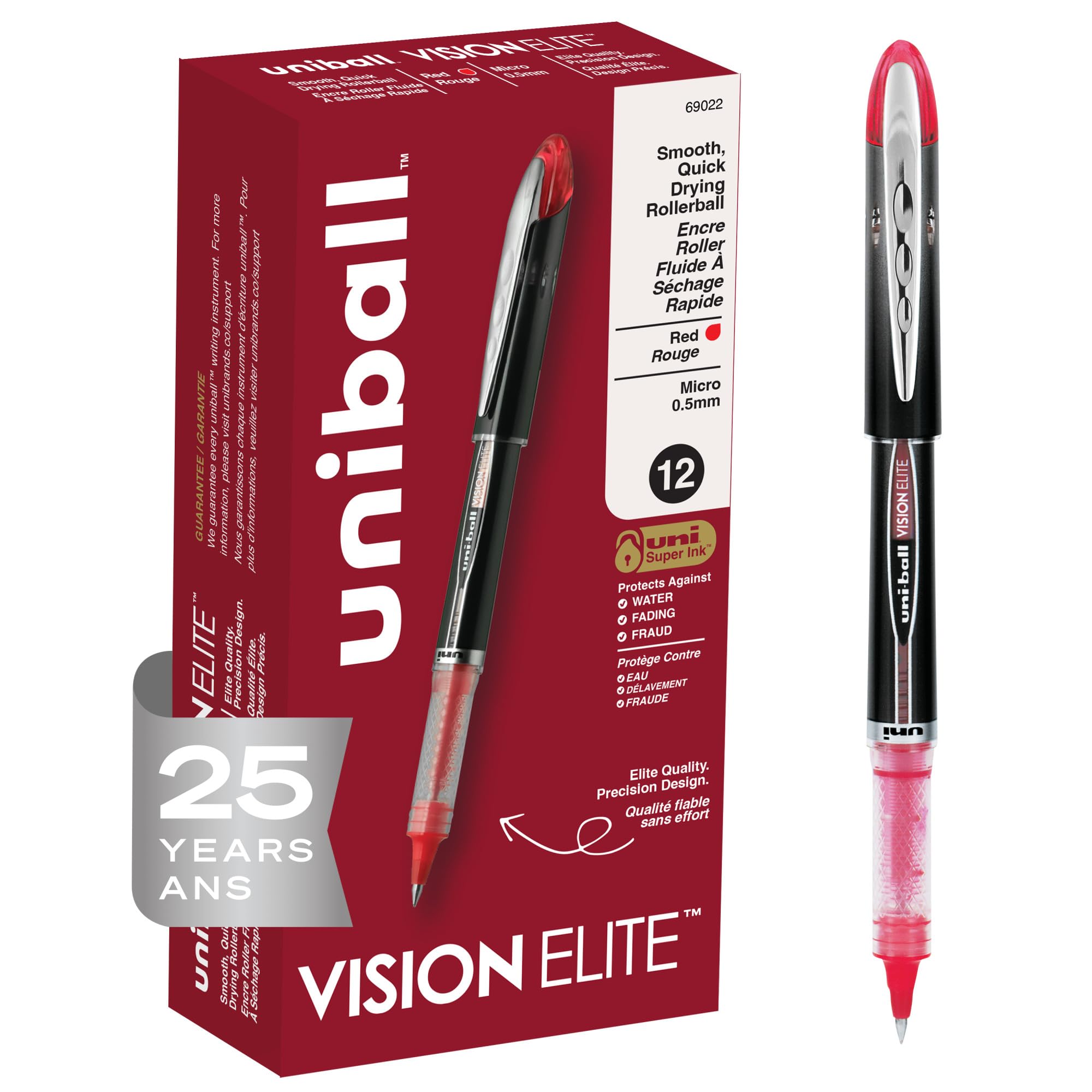 uniball Vision Elite Roller Ball Pen, Stick, Extra-Fine 0.5 Mm, Red Ink, Black/red Barrel โ image 1