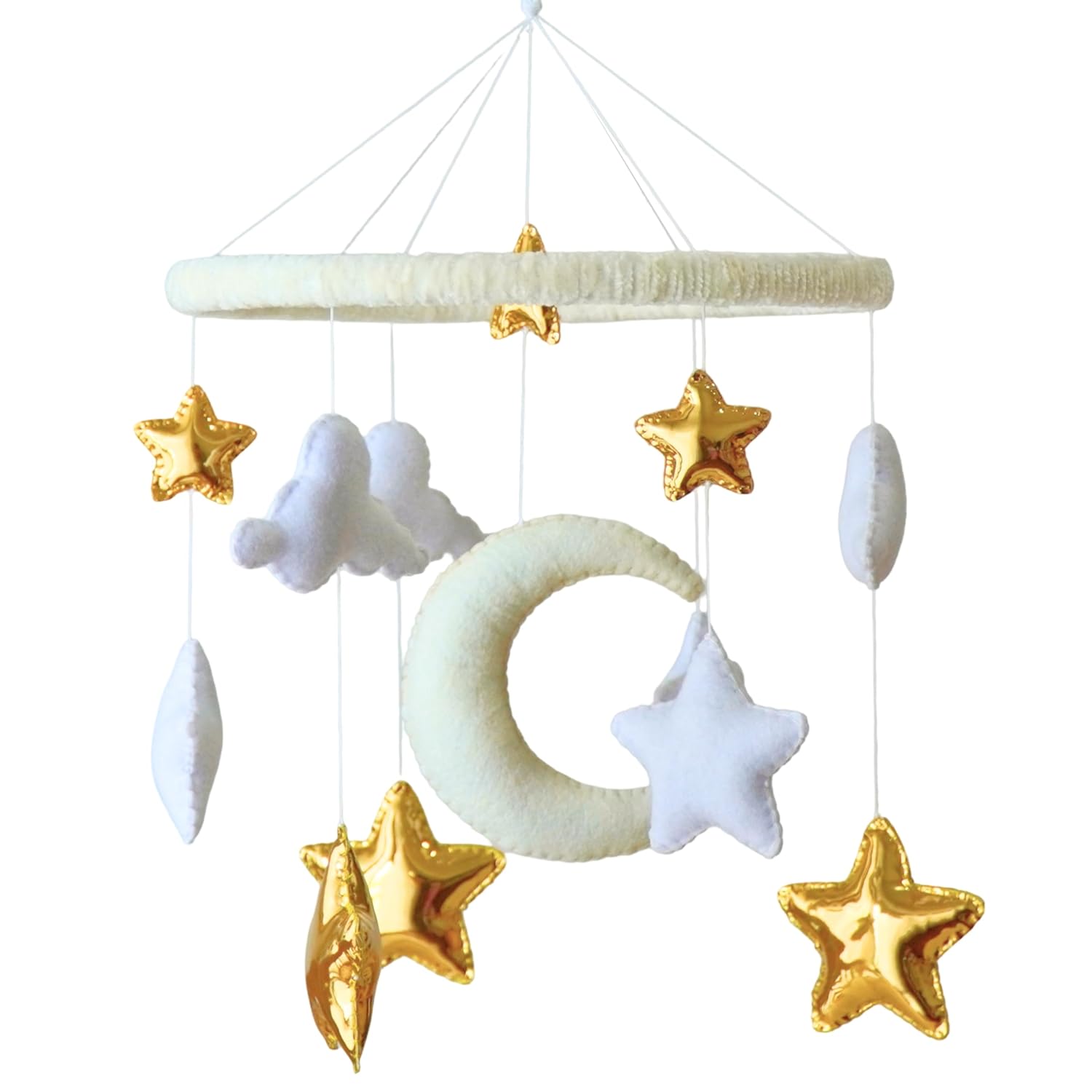 Cloud Hanging Mobile - Stars and Moon Nursery Mobile for Boys and Girls - Felt White and Gold Stars - Boho Nursery Decor