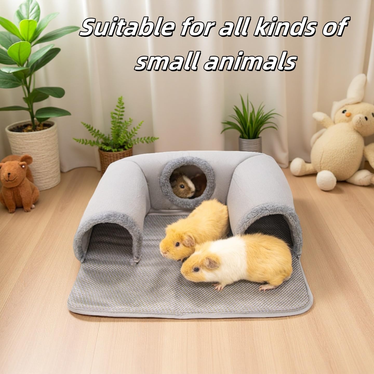 Tunnel cachette pour cochon d'Inde avec lit rafraîchissant pour lapin 3 grottes pour petits animaux Tunnel Cage en rotin