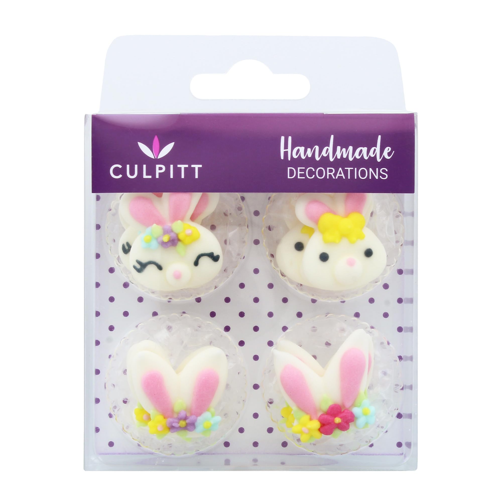 Culpitt Bunny Collection Sugar Piping's, Handmade Royal Icing Cupcake Toppers, Sugar Decorations for Cupcakes, Cakes, Easter, Spring | Edible - Pack of 12