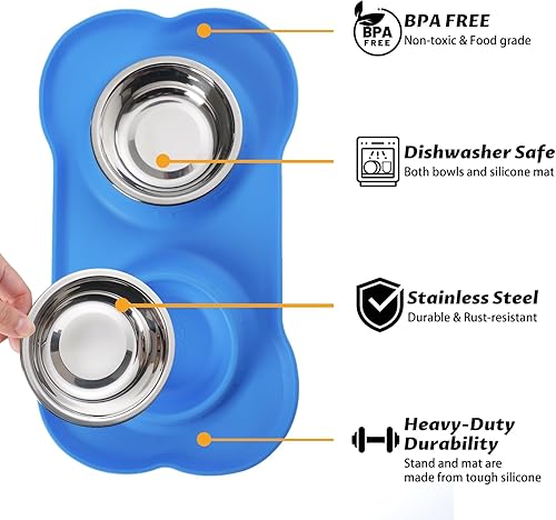 Miniatura 9 de Hubulk - 2tazones de acero inoxidable para agua y comida con tapete de silicona antideslizante para derrames más cucharón, perros pequeños,