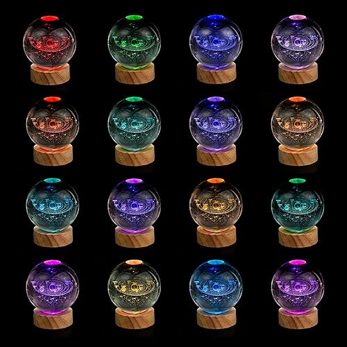 Miniatura 2 de Luz nocturna de bola de cristal con sistema solar 3D con base de madera LED de 16 colores, lámparas de bola de vidrio mejoradas de 3.15 pulgadas con