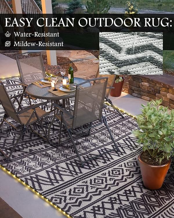 Outdoor Rug Camping Mat Rug Reversible Led Strip Lights Outdoor Carpet-Patio RV Camper Balcony Backyard Picnic Deck Porch Rug Grey & White 8x10 ft by MontVoo - Image 4