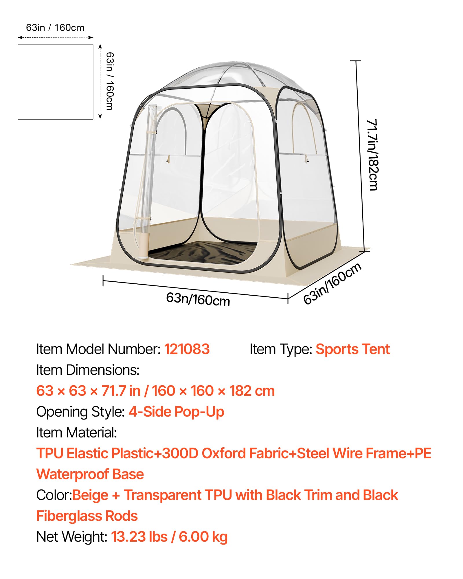 VEVOR Transparentes Zelt, 160x160x182 cm, Pop-up-Zelt für 2–4 Personen, Sportzelt mit Bodenmatte & oberer Abdeckung, Outdoor-Bubble-Zelt, Campingunterstand für Veranstaltungen, Angeln, Jubeln