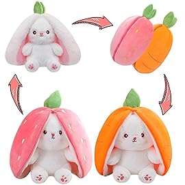 MIAODAM Cuddly Bunny Stuffed Animal, Kawaii Squishy Cute Easter Bunny Plush Turn Into Rabbit Fruit Doll Carrot Strawberry Pillow, Plushies Funny Bunny Toy for Baby