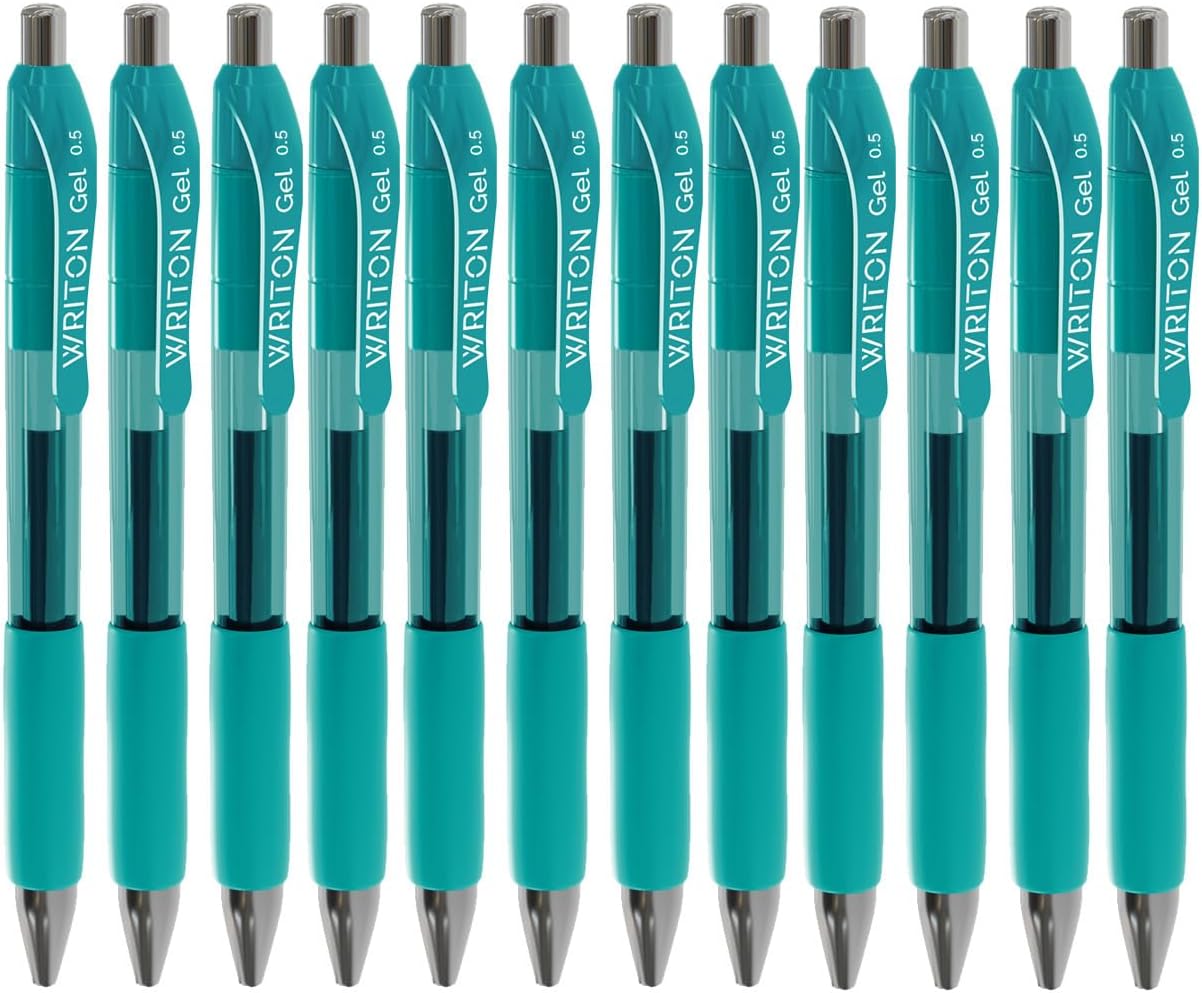 Writon Retractable Gel Pens, Comfort Grip, 0.5mm Fine Point, Dark Green Ink, 12 Pack