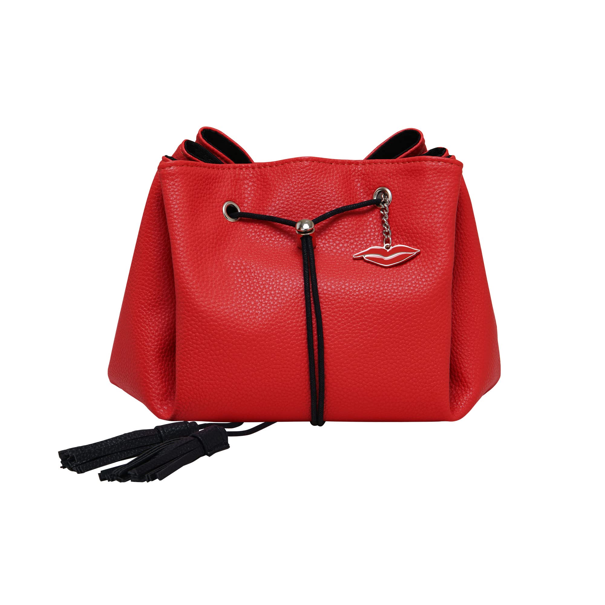 London Drawstring Makeup Bag for Women, Lay Flat Make Up & Travel Toiletry Organiser, Vegan PU Faux Leather Cosmetics Storage Pouch, Red, One Size, Toiletry Bag